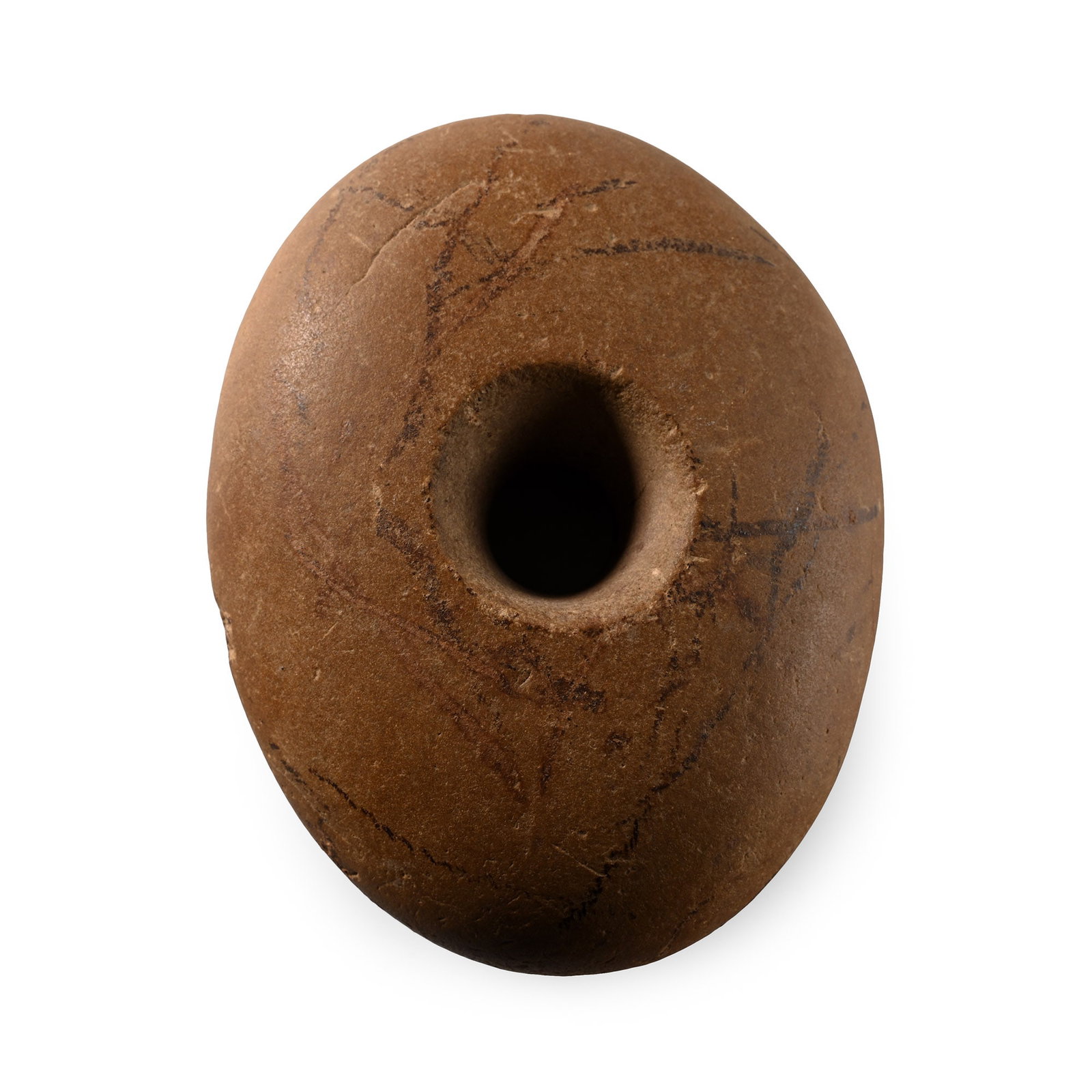 Large Stone Age Drilled and Polished Macehead: Neolithic Period, circa 6,000 B.P. Ground and polished with central drilled socket. 1.13 kg, 14.1 cm (5 1/2 in.). [No Reserve] Found Horsham, West Sussex, UK. From the private collection of a Sussex, 