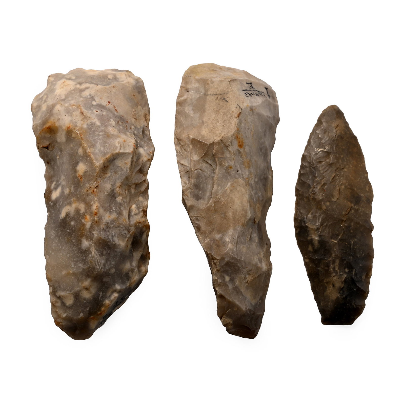 Farnham Stone Age Knapped Flint Tool Collection: Neolithic Period, circa 6,000 B.P. Two biconvex in section and one plano-convex; one with old inked legend '1 Tilfort /F'. 190 grams total, 74-90 mm (2 7/8 - 3 1/2 in.). [3, No Reserve] Found during t