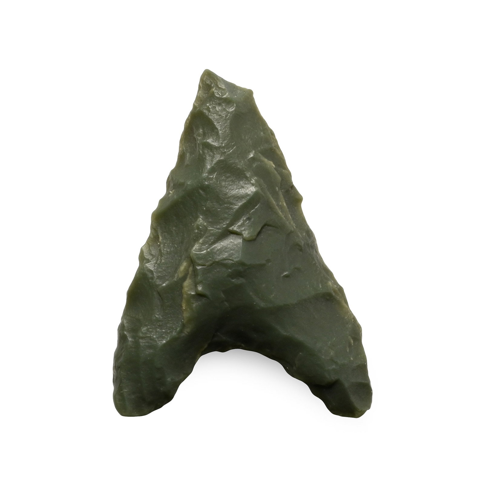 African Stone Age Green Jasper Hollow-Base Arrowhead: Mesolithic-Early Neolithic Period, circa 7200-4500 B.P. Lentoid in section with barbs to the rear. 0.75 grams, 19 mm (3/4 in.). [No Reserve] From Niger, West Africa. Acquired on the European art marke