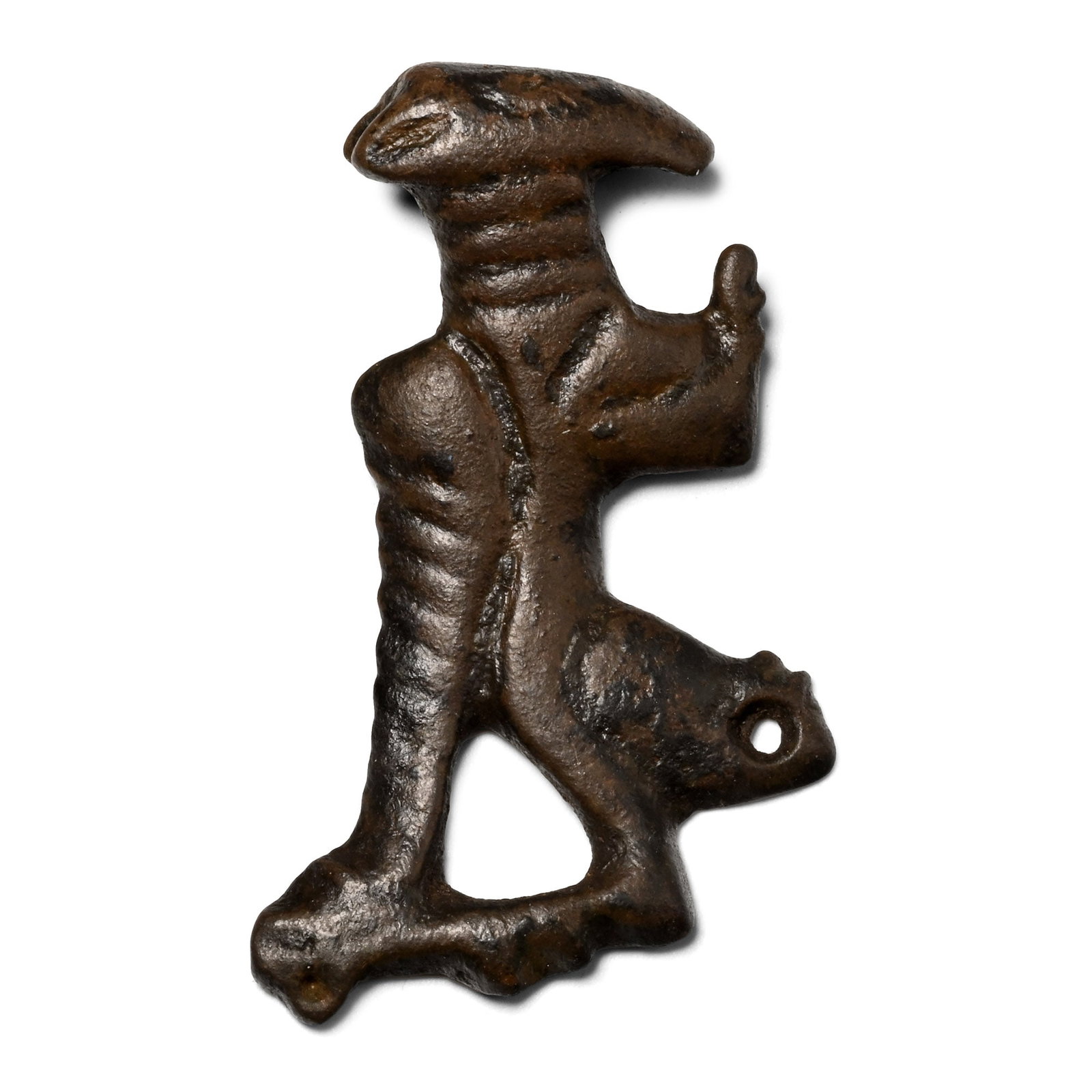 Scandinavian Viking Bronze Sword Chape: 10th-11th century A.D. Openwork unifacial 'winged horse' format (Woods's Type 3B) with beaked head in profile on a ribbed neck, pierced hindleg beneath and tapering wing above; the head extending to a