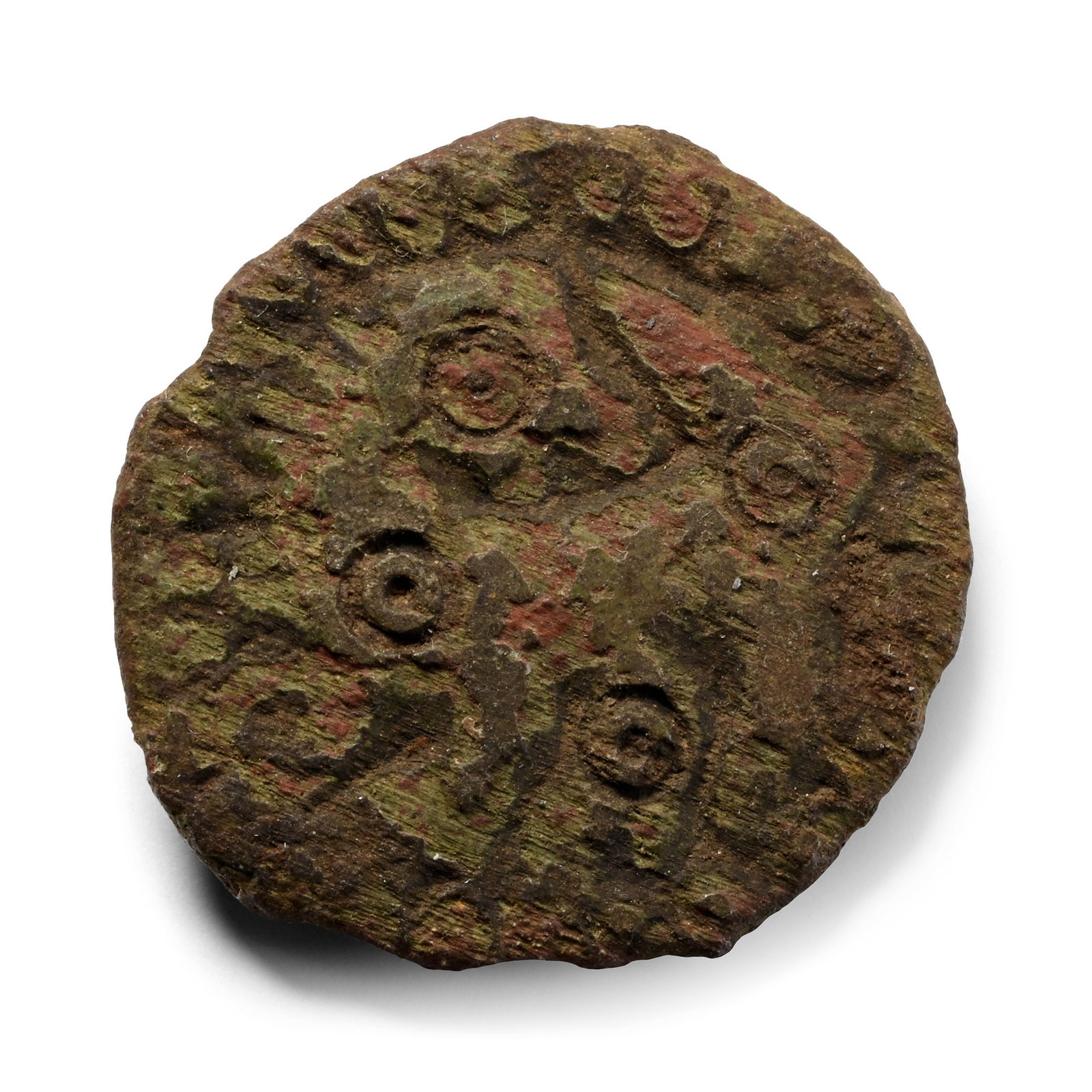 Anglo-Scandinavian Viking Bronze Beast Facing Back Brooch: England, 11th century A.D. Disc brooch with low-relief regardant beast within a border of ring-and-dot motifs, remains of ferrous pin to reverse. 6.32 grams, 28 mm (1 1/8 in.). [No Reserve] Found UK. 