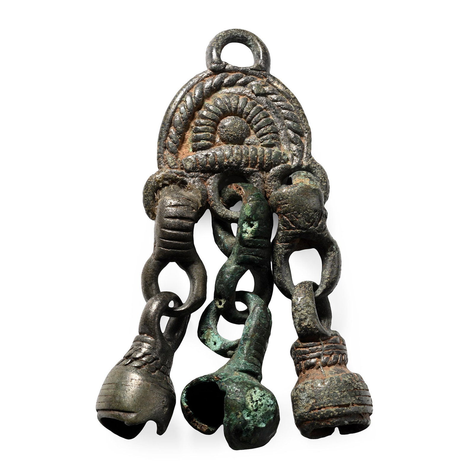 Viking Age Bronze Pendant with Bell-Shaped Drops: 8th-10th century A.D. Comprising a semi-circular plate with faux-rope decoration, three loops below with pendant drops with bell finials, the central one from a different pendant. 29.6 grams, 63 mm (2