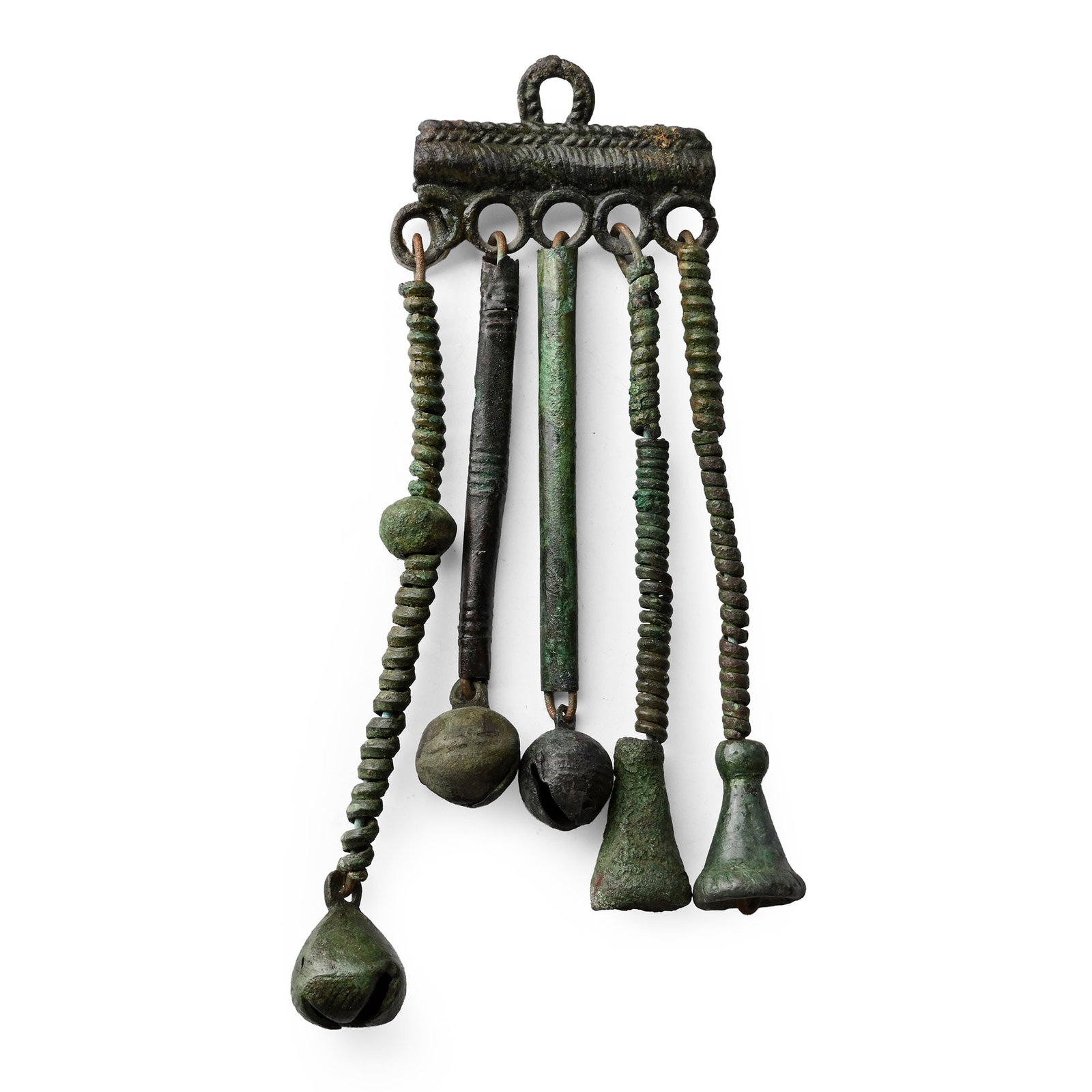 Viking Age Bronze Pendant Hanger with Bell Drops: Circa 9th-11th century A.D. Comprising a horizontal bar with ropework detailing to the obverse, two attachment loops to the reverse and suspension loop above; row of five loops to the lower edge with 