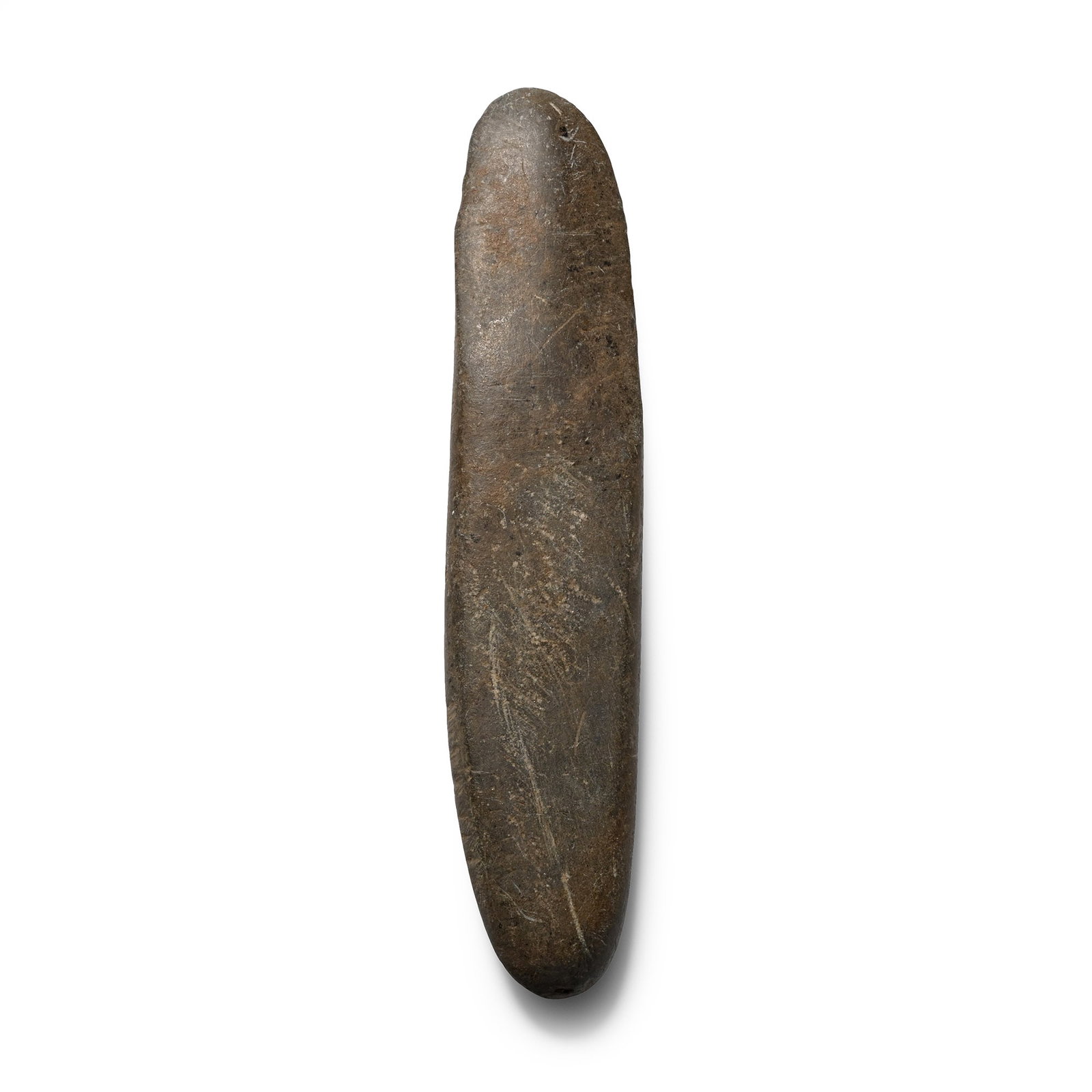 Viking Age Whetstone Blade Sharpener: Circa 9th-11th century A.D. Oval stone with one thinned end of keeled profile. 23.4 grams, 81 mm (3 1/4 in.). [No Reserve] Property of an Essex, UK, gentleman. TimeLine Auctions follows a rigorous vet
