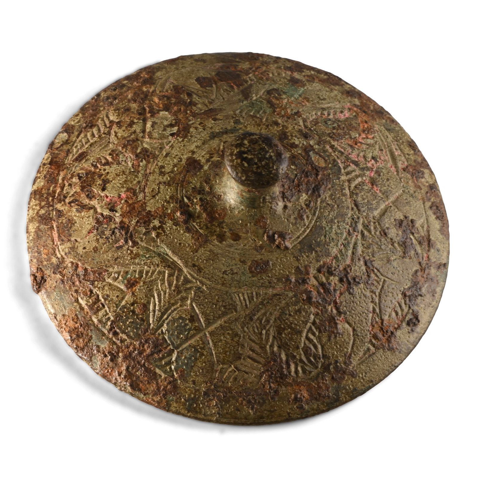 Medieval Bronze Lid with Engraved Floral Design: Circa 15th-16th century A.D. Gently domed in profile with knop handle; concentric incised bands with reserved foliage and flowers on a hatched field; lip to underside. 74.3 grams, 71 mm (2 3/4 in.). [