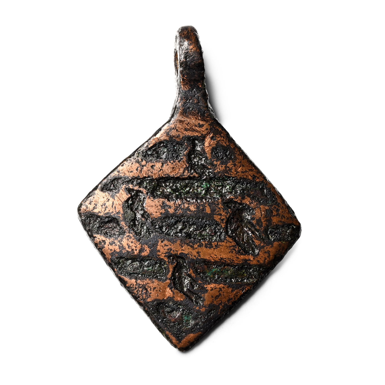 Medieval Knight's Bronze Heraldic Horse Harness Pendant with Martlets: 13th-15th century A.D. Lozenge-shaped pendant with barry of ten and four martlets. 8.54 grams, 37 mm (1 1/2 in.). [No Reserve] From the private collection of Graham Slater (1927-2024), Cambridge, UK; 