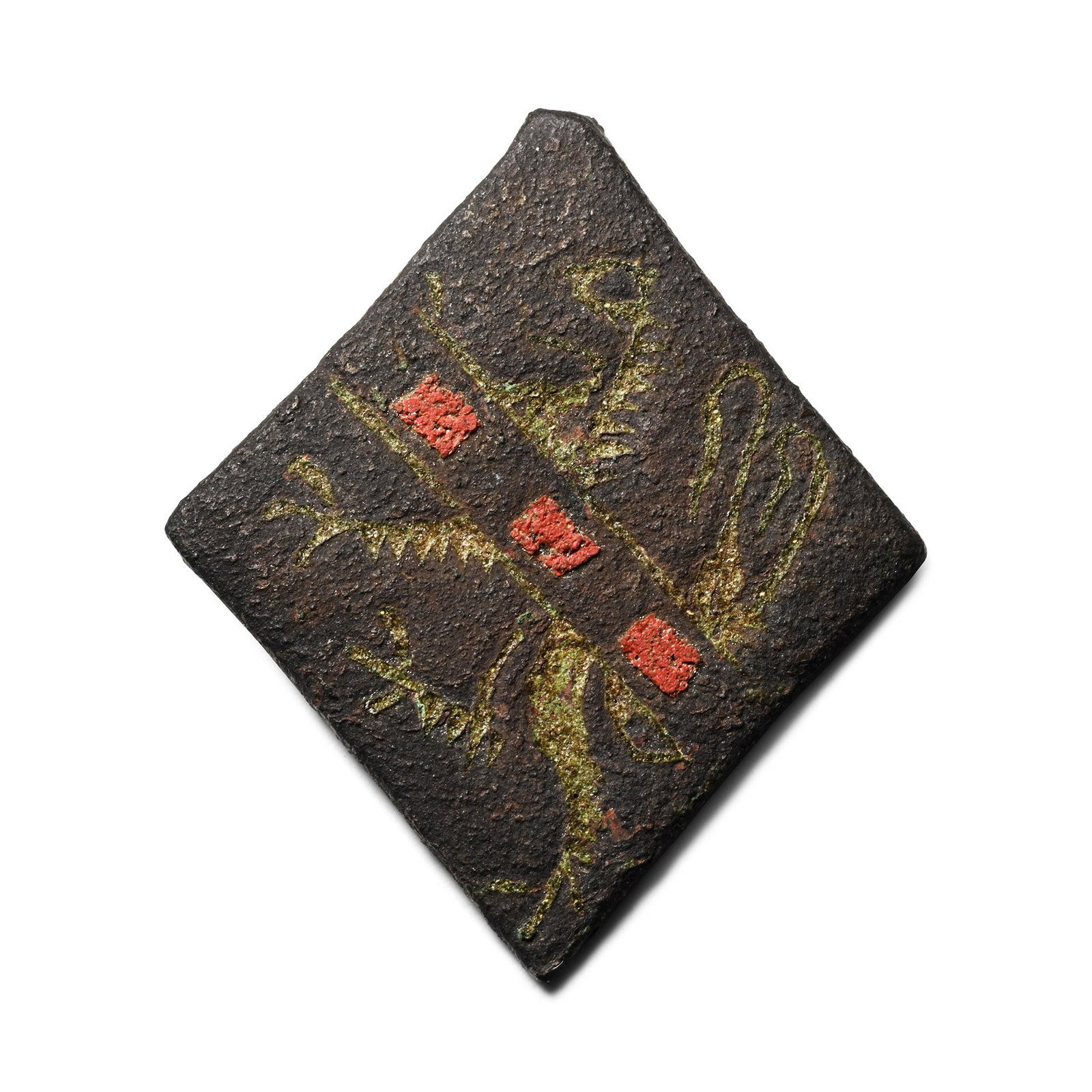 Medieval Knight's Bronze Heraldic Horse Harness Pendant: 13th-15th century A.D. Lozenge-shaped pendant with lion rampant, bend with red enamel. 6.5 grams, 35 mm (1 3/8 in.). [No Reserve] From the private collection of Graham Slater (1927-2024), Cambridge, U