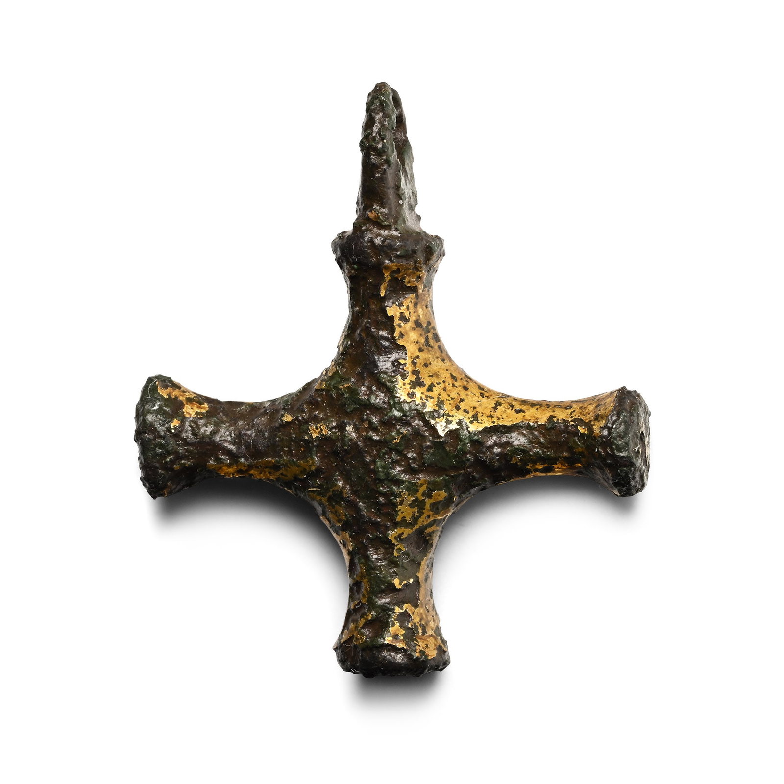 Medieval Gilt Bronze Cross Pendant: England, 1100-1300 A.D. Formed as four radiating round-section arms with disc finials; integral loop above. 8.19 grams, 30 mm (1 1/8 in.). [No Reserve] Found Wilden, Bedfordshire, UK. Recorded with UK