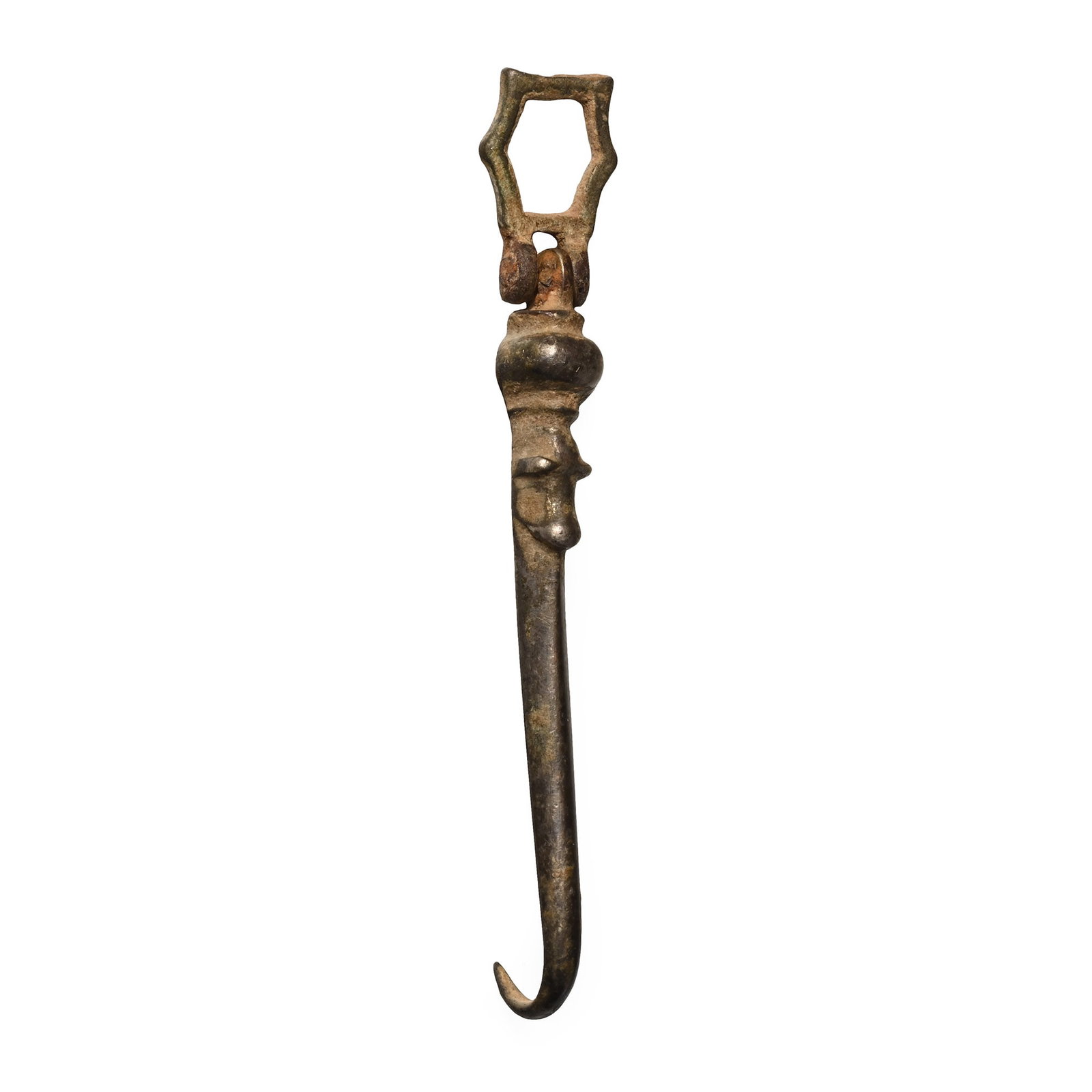 Medieval Articulated Silver Dress Hook: 14th-15th century A.D. Hinged loop to one end, the hook with a long shank and stylised beast-head below the shoulder. 4.23 grams, 58 mm (2 1/4 in.). (For this specific lot, 5% import VAT is applicable