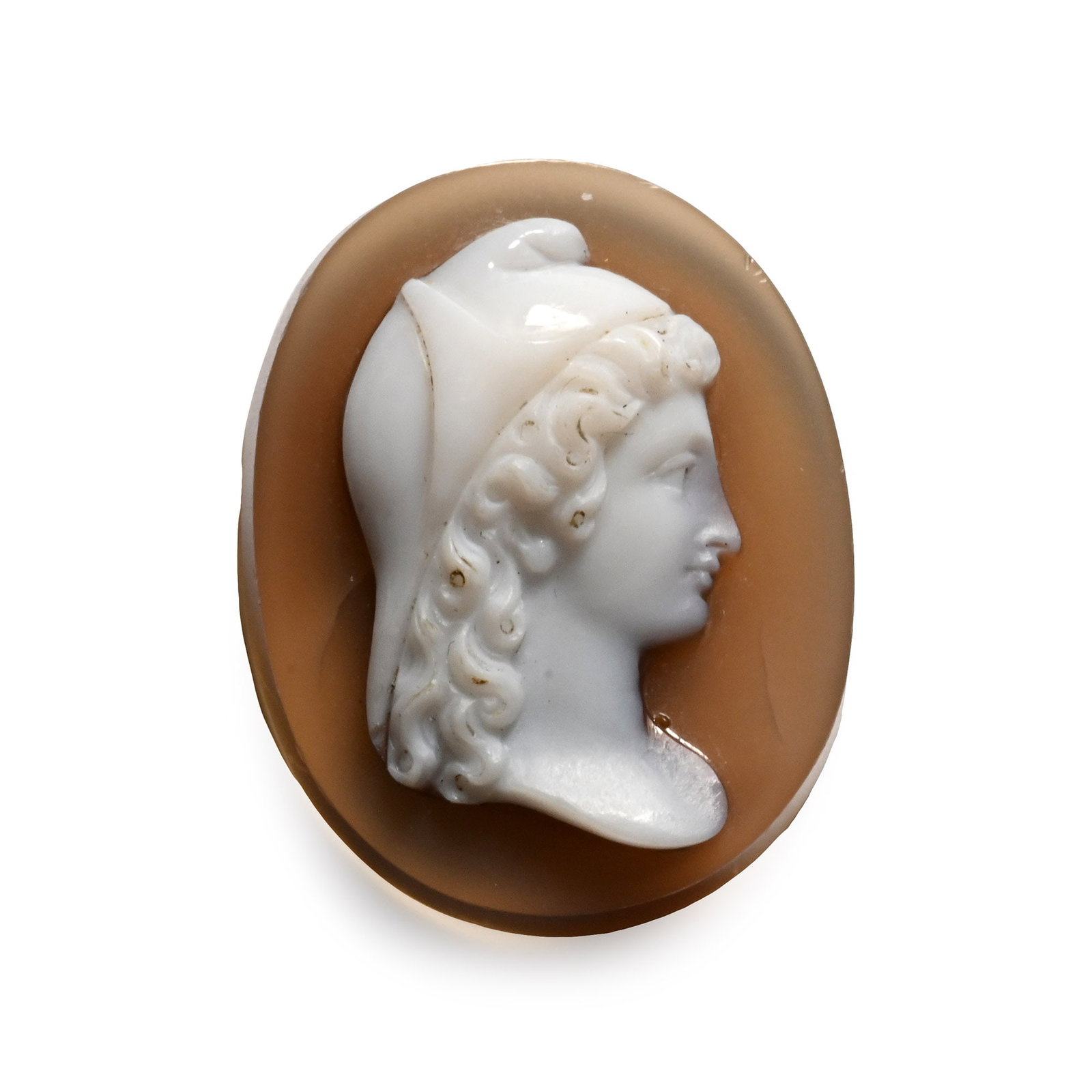 Post Classical Agate Cameo with a Helmeted Bust: 20th century A.D. Oval cameo with profile bust of a young warrior with curly, long hair wearing a helmet with a long neck guard. 1.53 grams, 19 mm (3/4 in.). [No Reserve] Acquired on the European art 