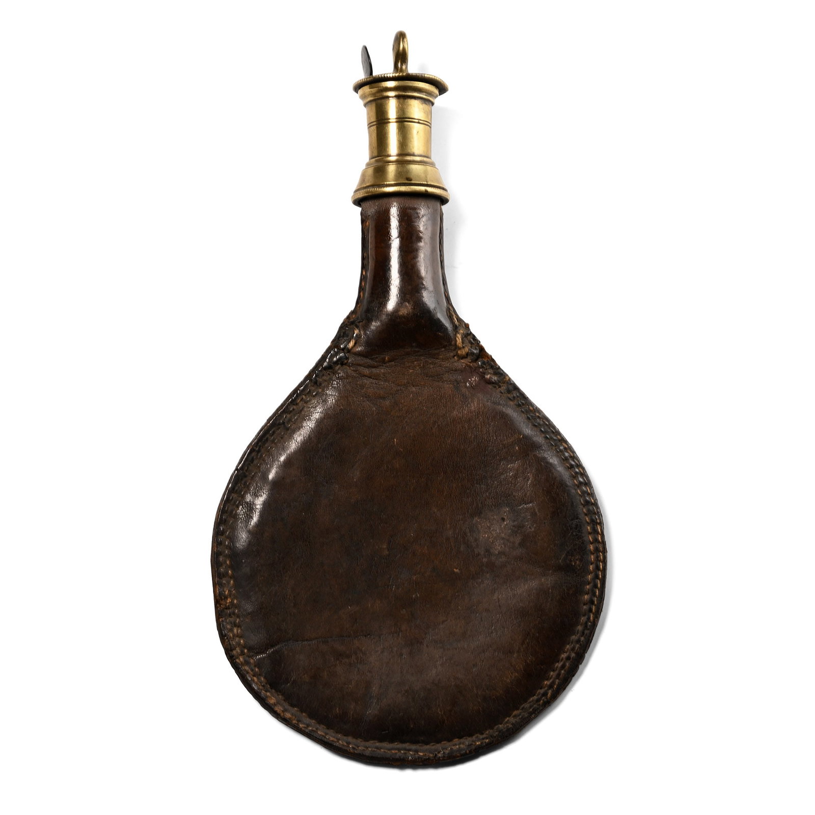 Irish Leather Powder Flask with Brass Fittings: 19th century A.D. Stitched edges and a tubular neck with brass fittings. 84 grams, 19.3 cm (7 5/8 in.). [No Reserve] Property of a Nottinghamshire, UK, gentleman. TimeLine Auctions follows a rigorous 