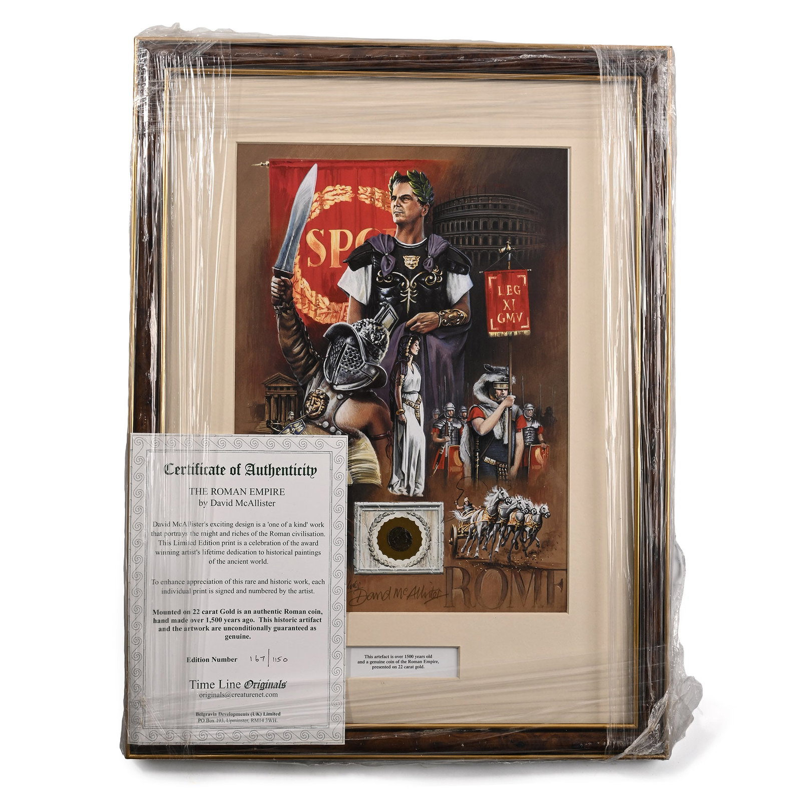 Bronze Roman Coin and Framed Limited Edition Print: 3rd century A.D. and later. The coin of Constantine the Great (272-337 A.D.) mounted on 22 carat gold foil, framed with an art print signed by the artist David McAllister, depicting scenes of Roman mi