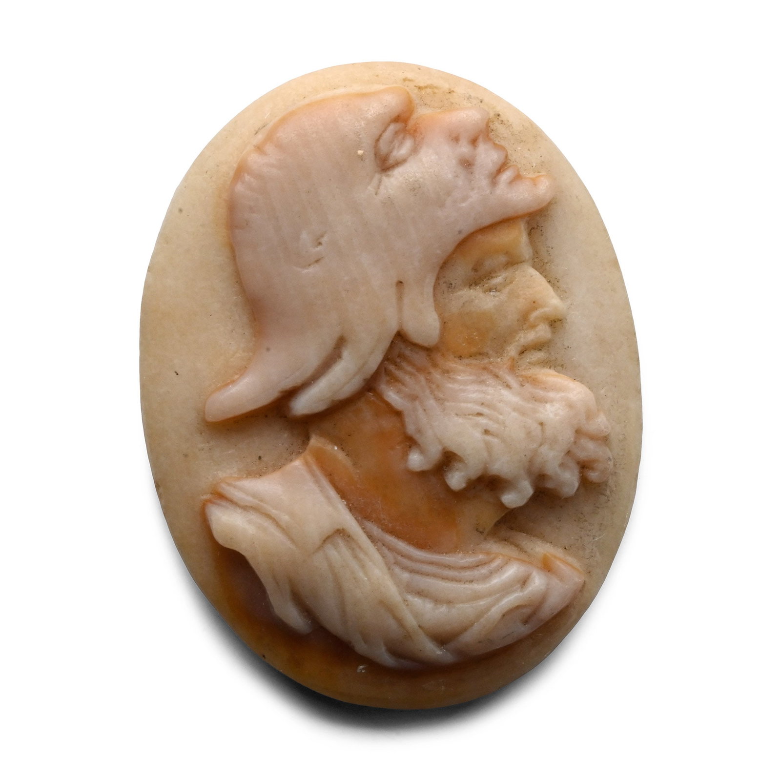 Renaissance Shell Cameo of a Helmetted Warrior: 18th century A.D. Oval cameo with a profile bust of a mature warrior with a long beard, wearing a draped tunic and a helmet with a face mask. 2.4 grams, 24 mm (1 in.). Acquired on the European art mar