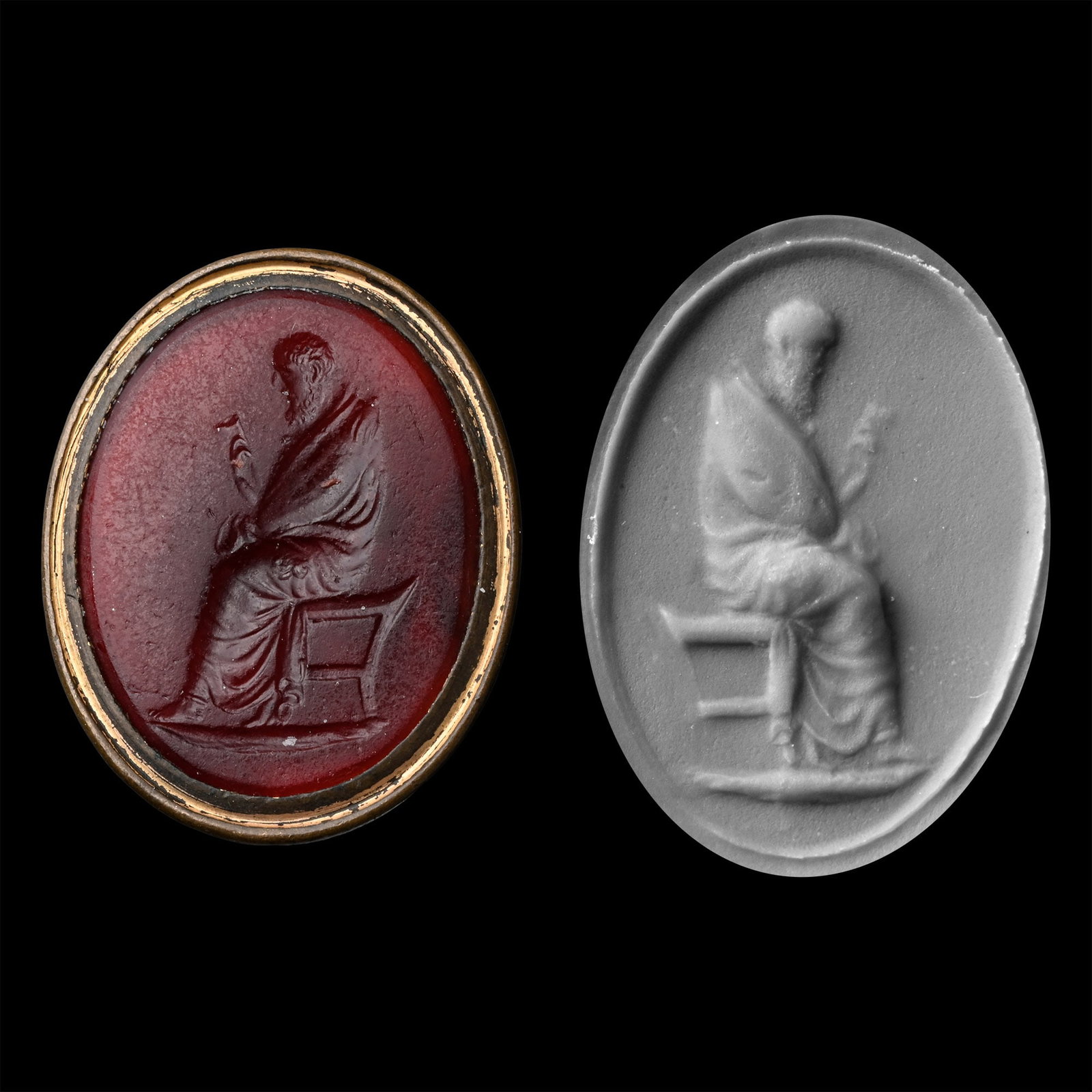 Grand Tour Glass Gemstone with Philosopher in Gilt Metal Seal (1 of 2)