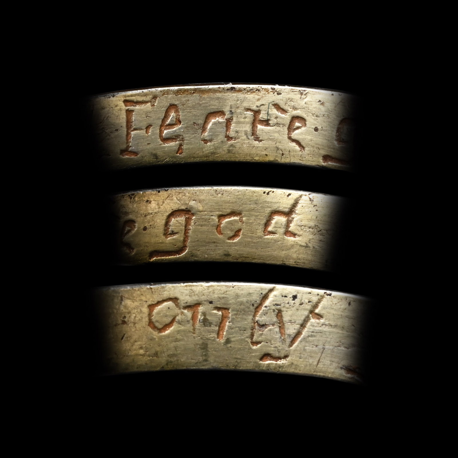 Post Medieval Silver-Gilt 'Feare God Only' Posy Ring: Circa 18th century A.D. Comprising a D-section hoop with plain exterior, inner face inscribed with 'Feare God only'. 2.99 grams, 22.24 mm overall, 18.65 mm internal diameter (approximate size British 