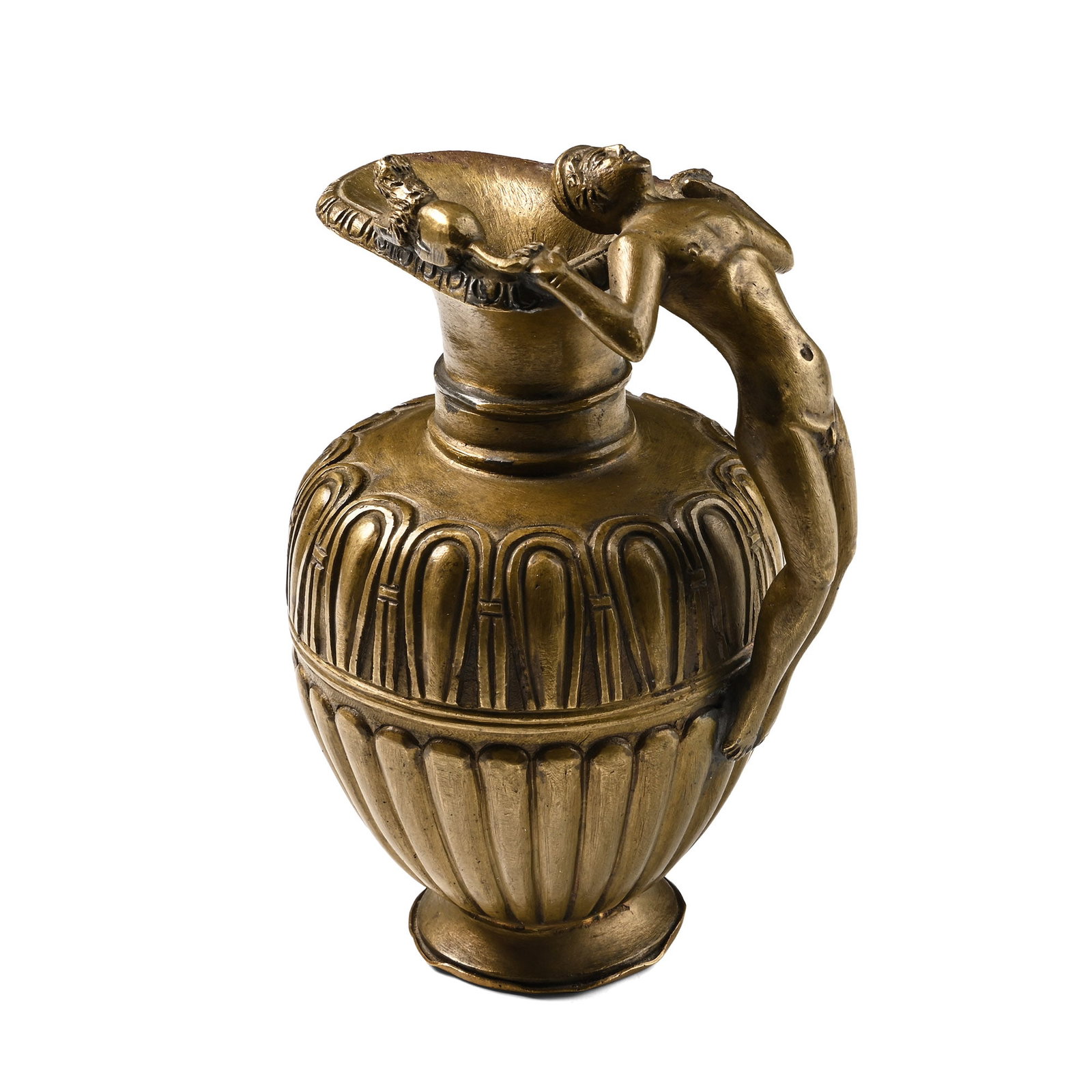 Classical Greek Style Bronze Vessel: 20th century A.D. Ovoid, fluted body with a narrow neck and a trefoil mouth, the handle formed as a nude youth grasping the tail of a lion resting on the rim. 543 grams, 11.3 cm (4 1/2 in.). [No Reser