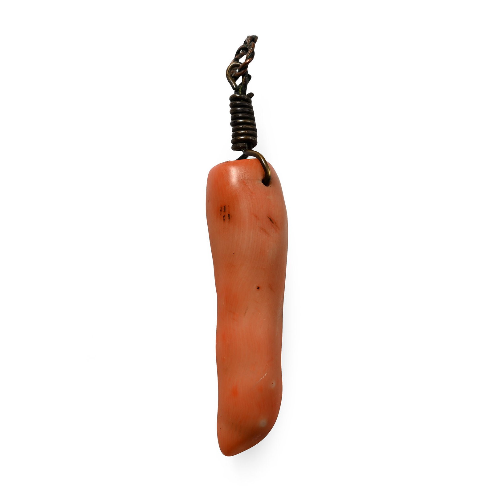 Baroque Style Coral Amulet: 17th-18th century A.D. Thick coral branch with natural striations, drilled and set with a silver pendant fitting. 22.23 grams, 85 mm (3 3/8 in.). Acquired on the European art market. TimeLine Auctions
