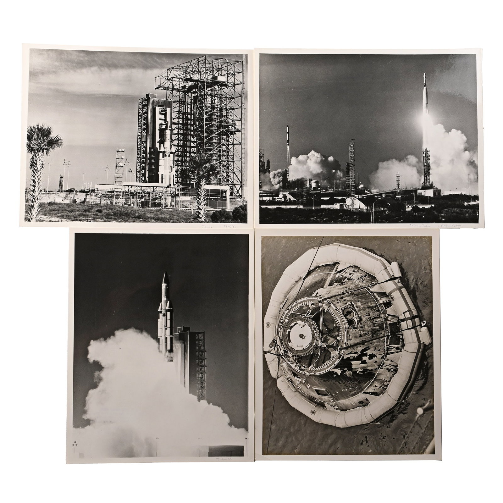 Original NASA Press Photograph Group: 1960s A.D. Comprising: monochrome photographic print of a rocket on the launchpad, endorsed 'US Air Force Photo.. 8-26-66 CKMYA Titan-Project OfficeSunrise Pre-Launch after Service Tower removal (Palm