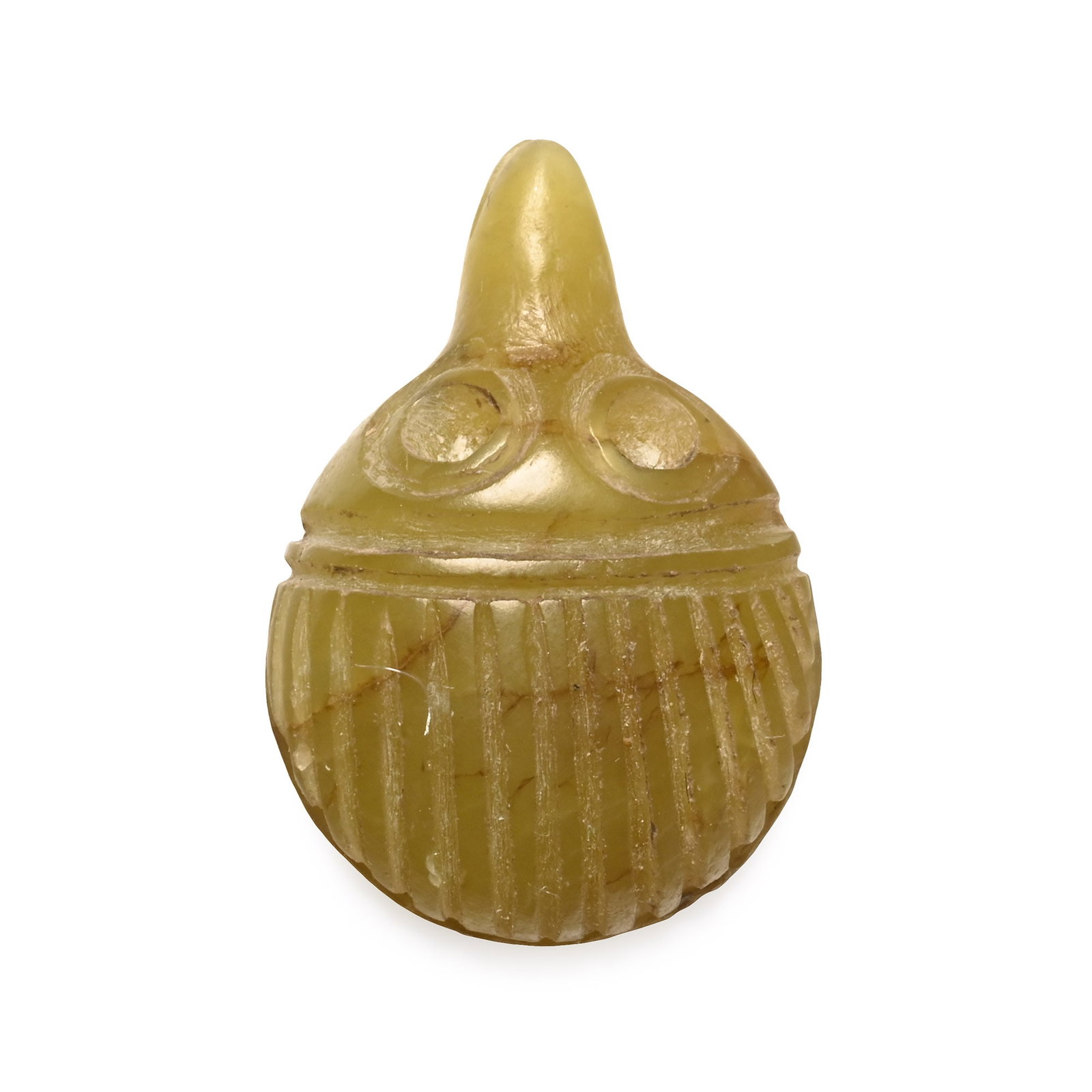 Egyptian Style Green Stone Hedgehog Amulet: 20th century A.D. or earlier. Plano-convex in section, asterisk to underside, eyes drilled to accept inserts. 1.58 grams, 19 mm (3/4 in.). [No Reserve] Acquired on the European art market in the early