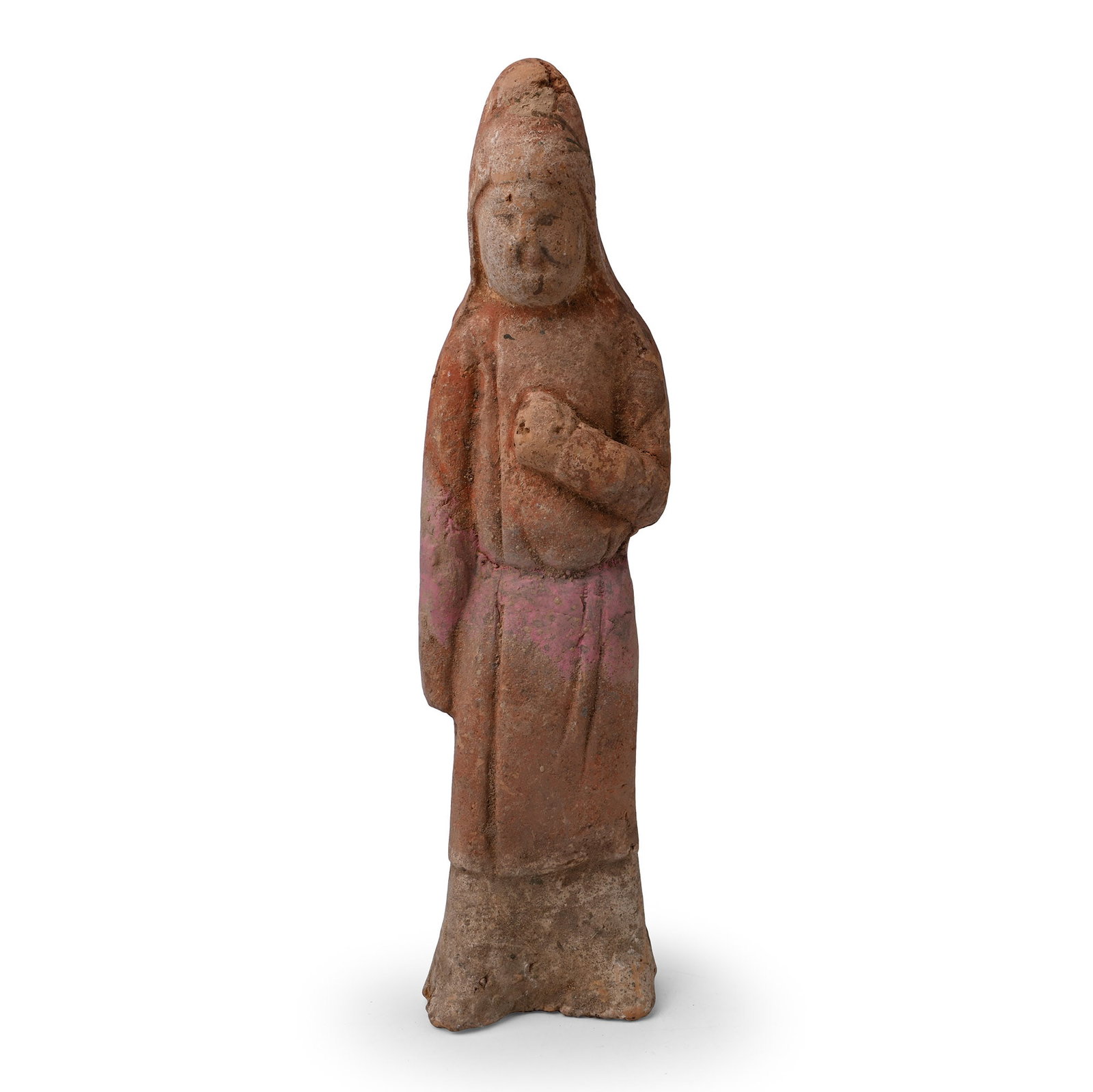 Chinese Tang Attendant Figure: Tang Dynasty, 618-907 A.D. or later. Hollow-form figure modelled standing and dressed in long garments tied at the waist, wearing a tall headgear. 490 grams, 22.4 cm (8 3/4 in.). From a West Country, 