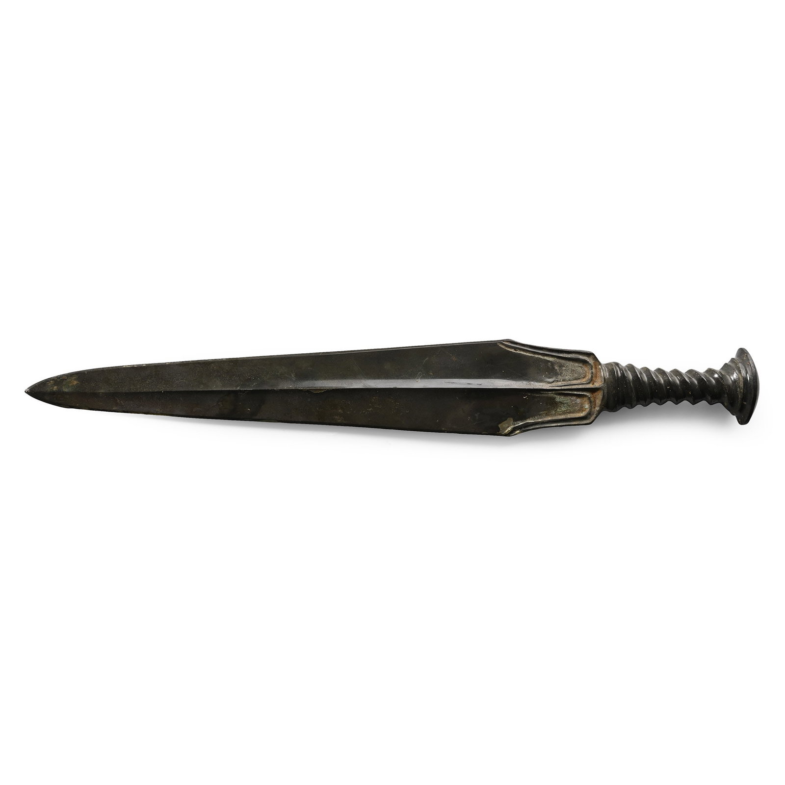 Chinese Han Style Bronze Sword: 20th century A.D. or earlier. Comprising a slender double-edged blade with a raised midrib on both sides, a ribbed integral handle and an oval domed pommel. 462 grams, 37.5 cm (14 3/4 in.). Ex private