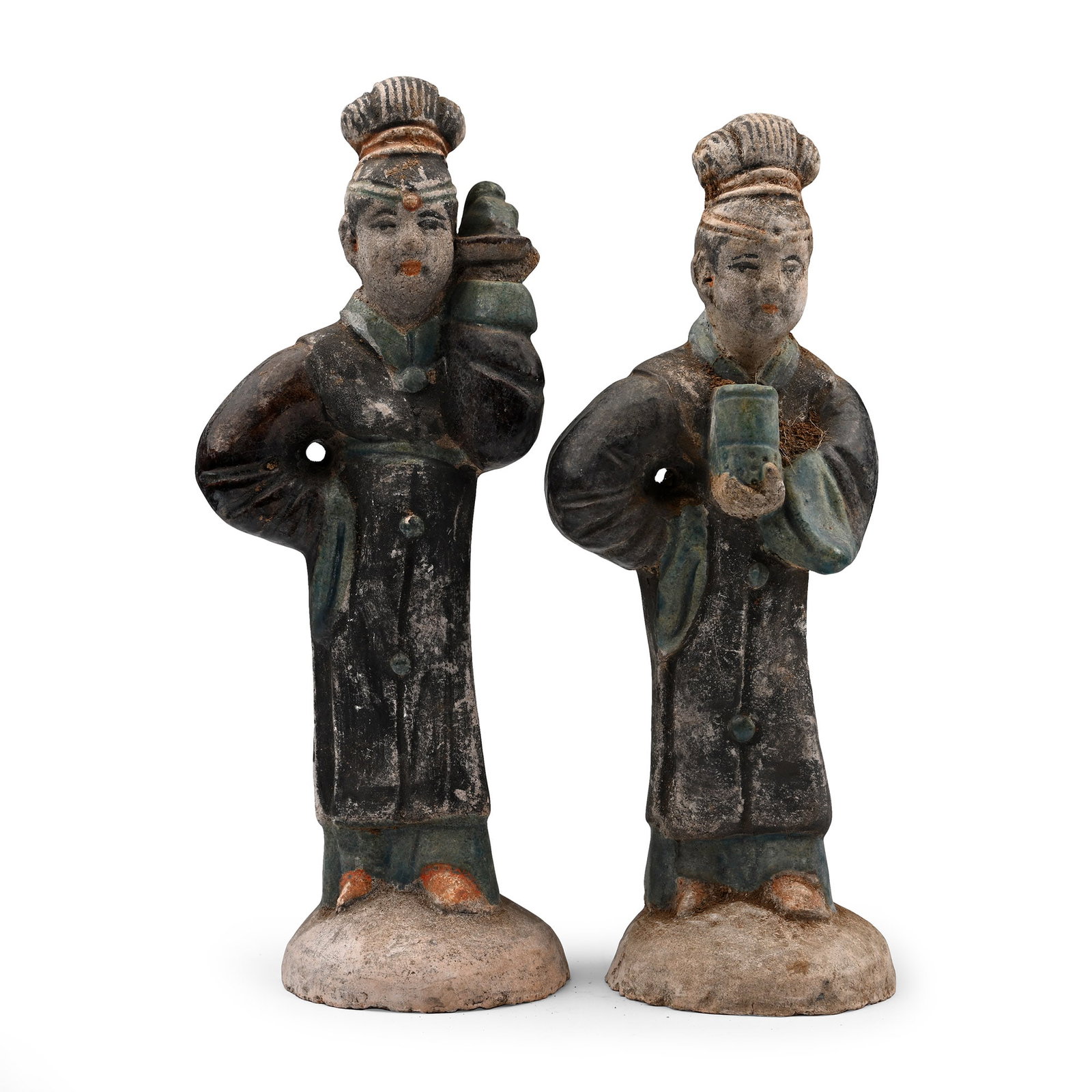 Chinese Qing Green Glazed Terracotta Retainer Pair: Qing Dynasty, 1644-1912 A.D. or later. Comprising: figure in floor-length robe with vessel in his cupped left hand; similar figure supporting a platter on his left shoulder. Cf. Christie?s, Oriental W