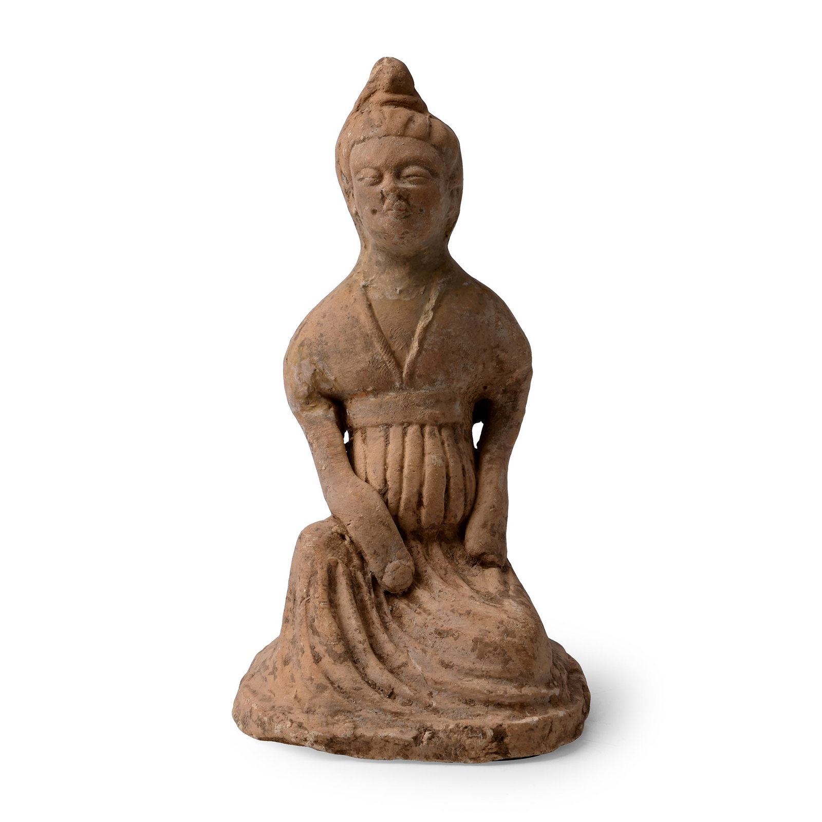Chinese Northern Wei Ceramic Female Attendant: Northern Wei, 386-534 A.D. or later. Modelled in a half-kneeling pose with her hands resting on her lap, the hem of the long dress draped over her legs, head pulled into a high bun above her head. 370