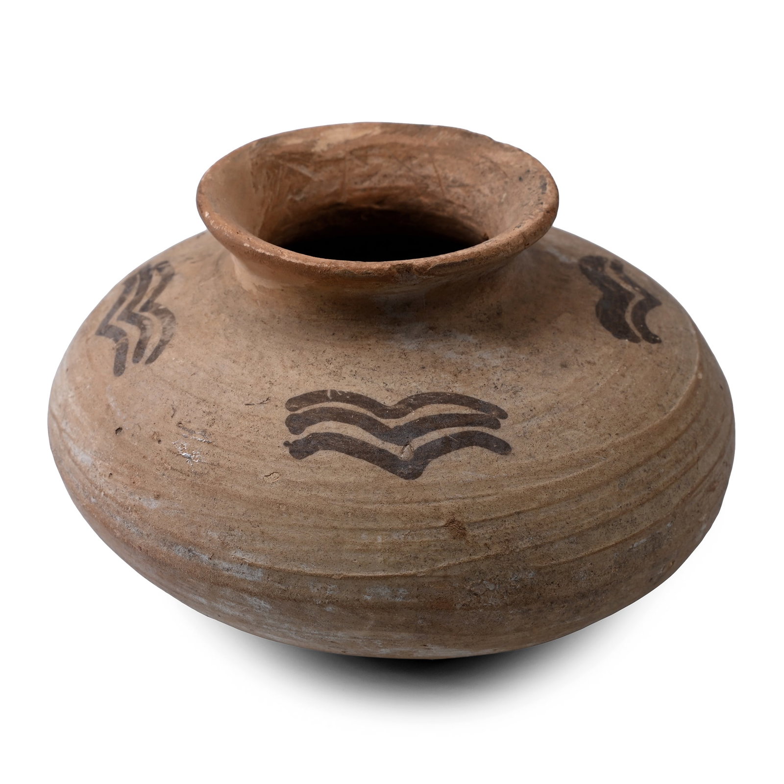 Indus Valley Painted Terracotta Vessel: 3rd millennium B.C. Squat body with a short neck and an everted rim, painted wave motifs on the shoulder. 151 grams, 10 cm wide (4 in.). Ex London, UK, gallery, 1971-early 2000s. London, UK, collectio