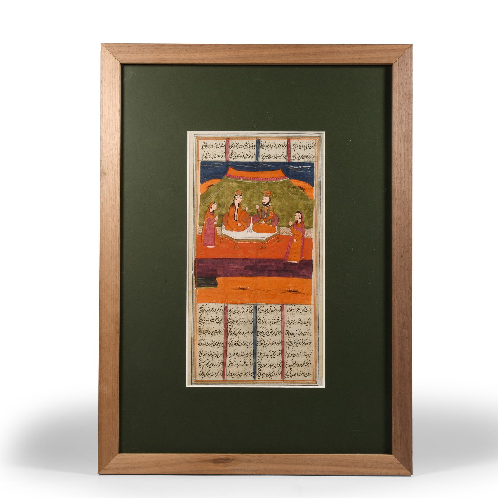 Indo-Persian Miniature Painting: 20th century A.D. Framed and glazed displaying a figural panel inserted into four vertical columns of cursive script separated by red and blue bands, continued on the reverse. Cf. Christie's, Indian a