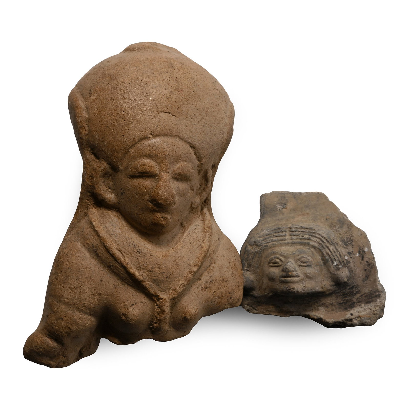 Pre-Columbian Jama Coaque Ecuador Terracotta Group: Circa 600-900 A.D. Comprising: a vessel fragment with a high-relief head with striated hair and large earrings; a hollow-form statue fragment of a female with a large headdress and a wide collar aroun
