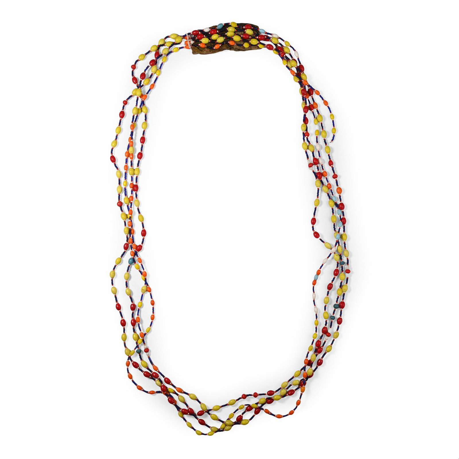 Swazi Men's Glass Bead Necklace: 20th century A.D. A multistrand necklace composed of small blue, red and white beads interspersed with large oval beads. 228 grams, 140 cm long (55 1/8 in.). [No Reserve] Collected South Africa, 2006.