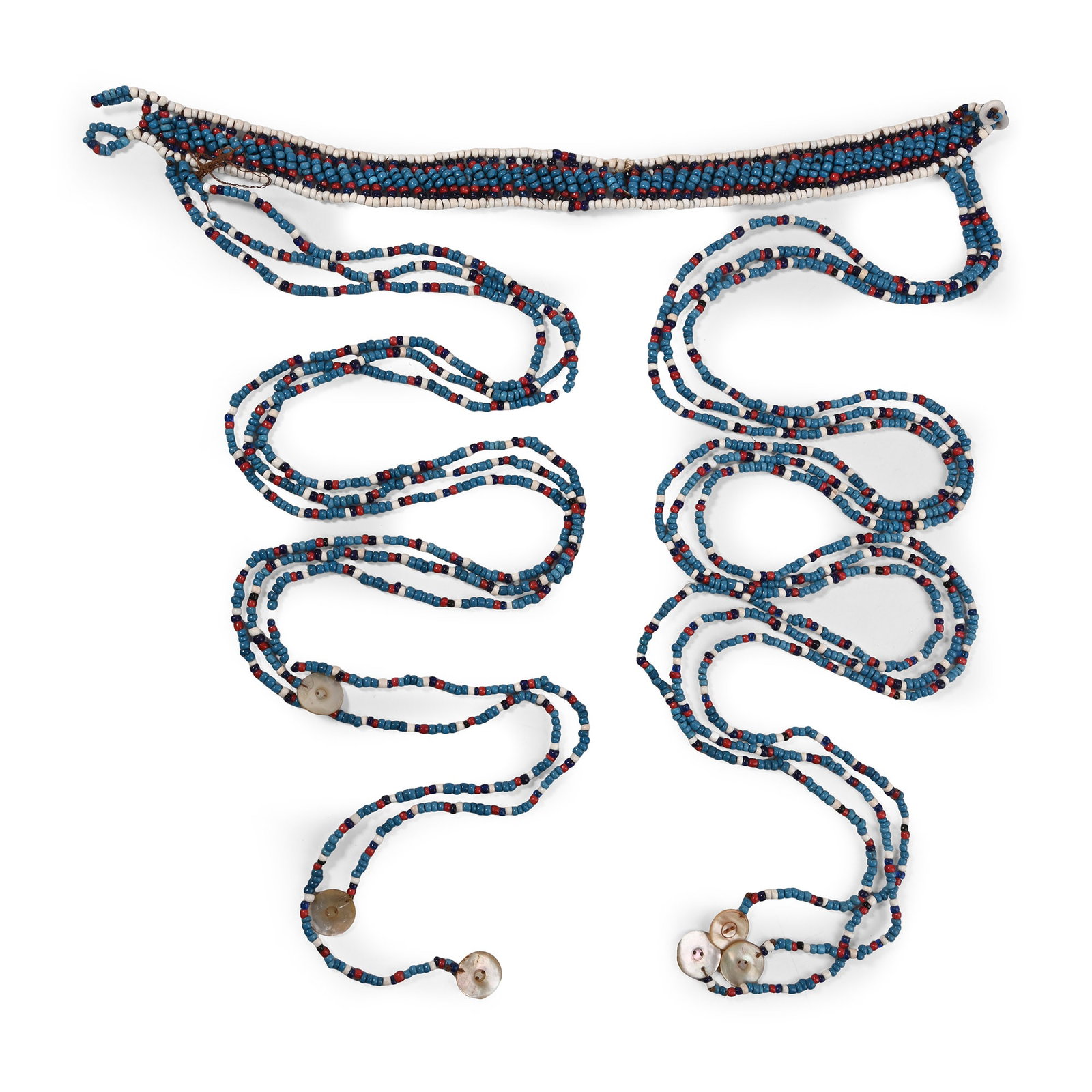 Zulu Man's Glass Bead Long Necklace with Buttons: 20th century A.D. Formed of a wide neck band with three long strands hanging from each end, each strand with a button pendant. 245 grams, 234 cm long (92 in.). [No Reserve] From near Islandlwana, Zulu