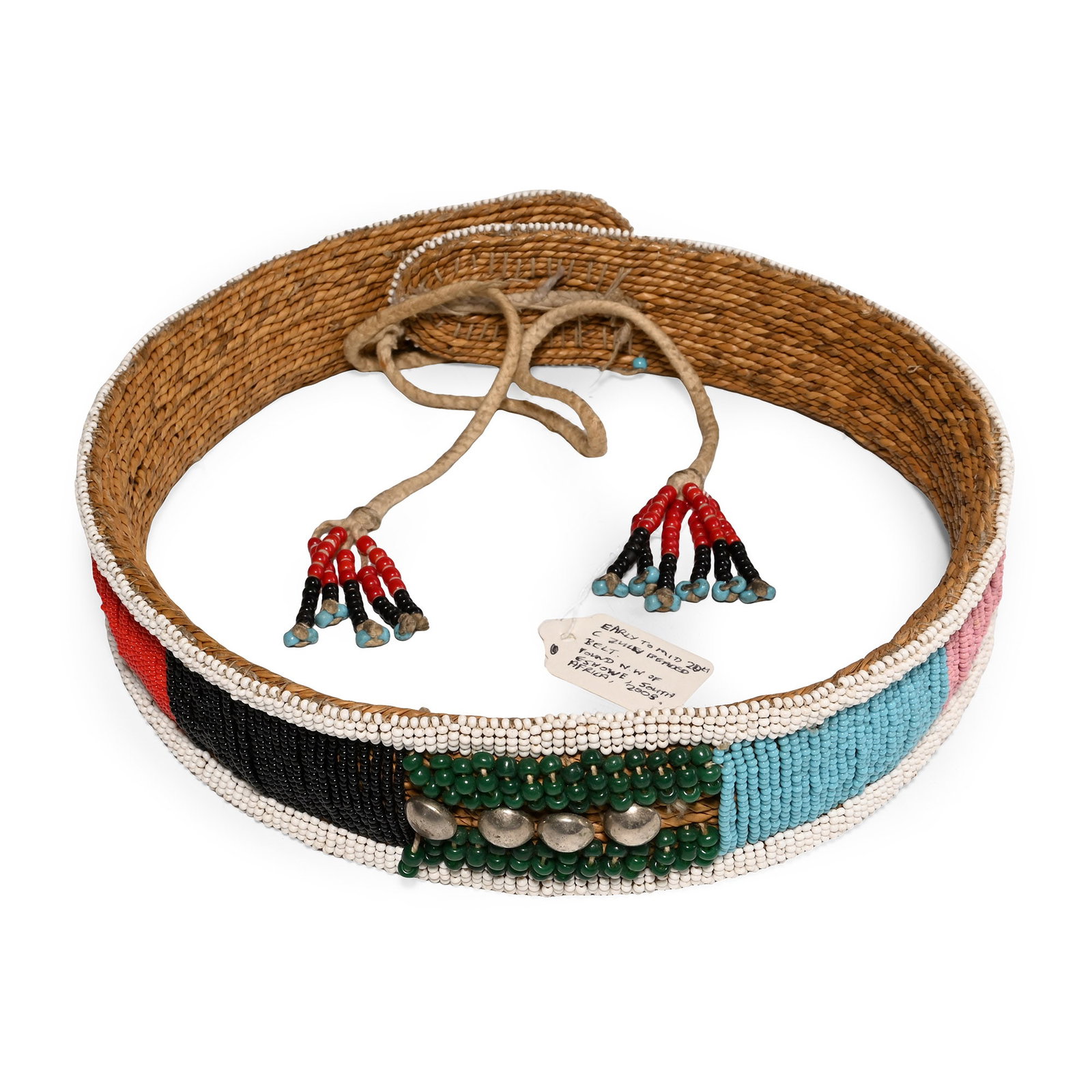 Zulu Woman's Glass Bead Belt: 20th century A.D. Woven grass belt decorated with small polychrome beads and brass studs. 244 grams, 144 cm long (56 3/4 in.). [No Reserve] From North-West of Eshowe, Zululand, South Africa, 2003. Ian