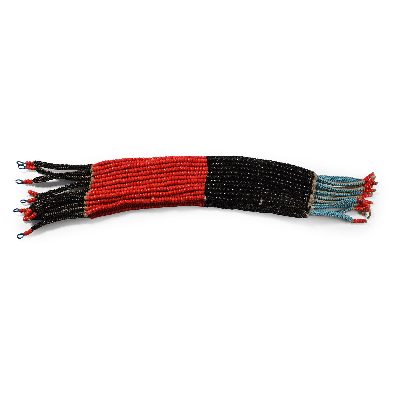 Zulu Glass Bead Anklet: 20th century A.D. A wide woven anklet decorated with blue, red and black beads. 208 grams, 38 cm (15 in.). [No Reserve] From Northern Zululand, South Africa, 2002. Ian Wilkinson collection, Nottingham