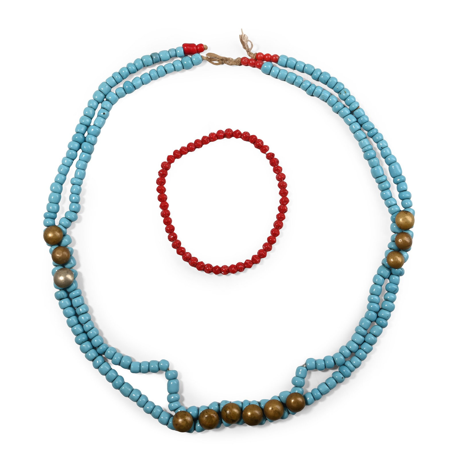 Zulu Man's Glass Bead Necklace and Bracelet: 20th century A.D. Comprising: a two-strand necklace composed of blue and red beads with brass studs; a single-strand bracelet formed of small red beads. 170 grams total, 26-74 cm (10 1/4 - 29 1/8 in.)