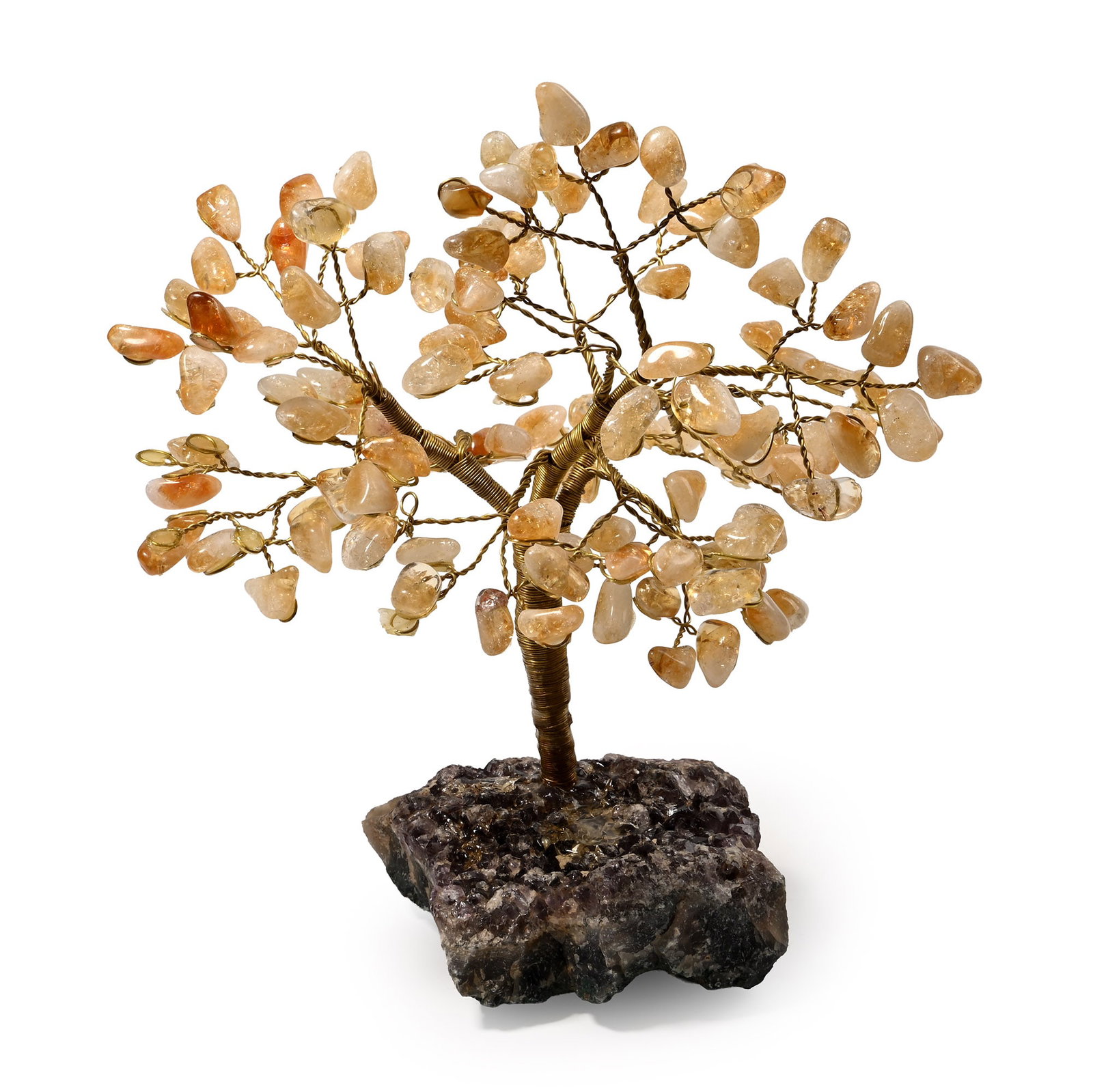 Citrine Gem Tree on Amethyst Crystal Geode Section: Irregular geode matrix with light purple amethyst crystals; the metal branches tipped with polished light-coloured citrine pebbles. 505 grams, 16 cm (6 1/4 in.). [No Reserve] From Brazil. Ex Mineral I