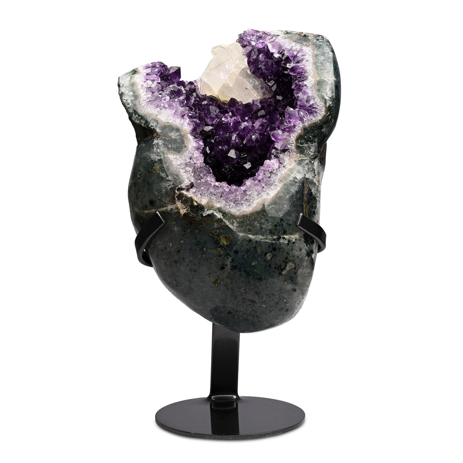 Polished Amethyst Crystal Geode Display with Calcite: Circa 140-120 million years B.P. The outer layer of green celadonite beautifully polished, the interior with dark purple prismatic amethyst crystals, and at the top, an aggregate of white rhombohedral