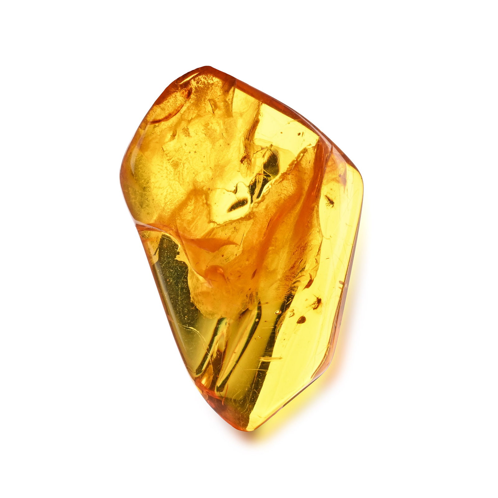 Polished Amber with Midges: Oligocene Period, circa 45 million years B.P. Orange translucent amber with a pair of Diptera inclusions. 3.5 grams , 37 mm (1 1/2 in.). [No Reserve] From a Norfolk, UK, collection. TimeLine Auctions 