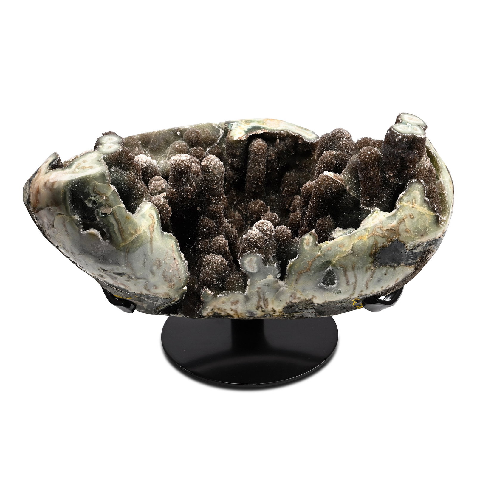 Brown Druzy Quartz Stalagmite Geode Display: Circa 140-120 million years B.P. A polished underside of a geode containing upward-reaching stalagmites covered in druzy brown quartz and small, sparkling white quartz crystals; mounted on a custom-ma