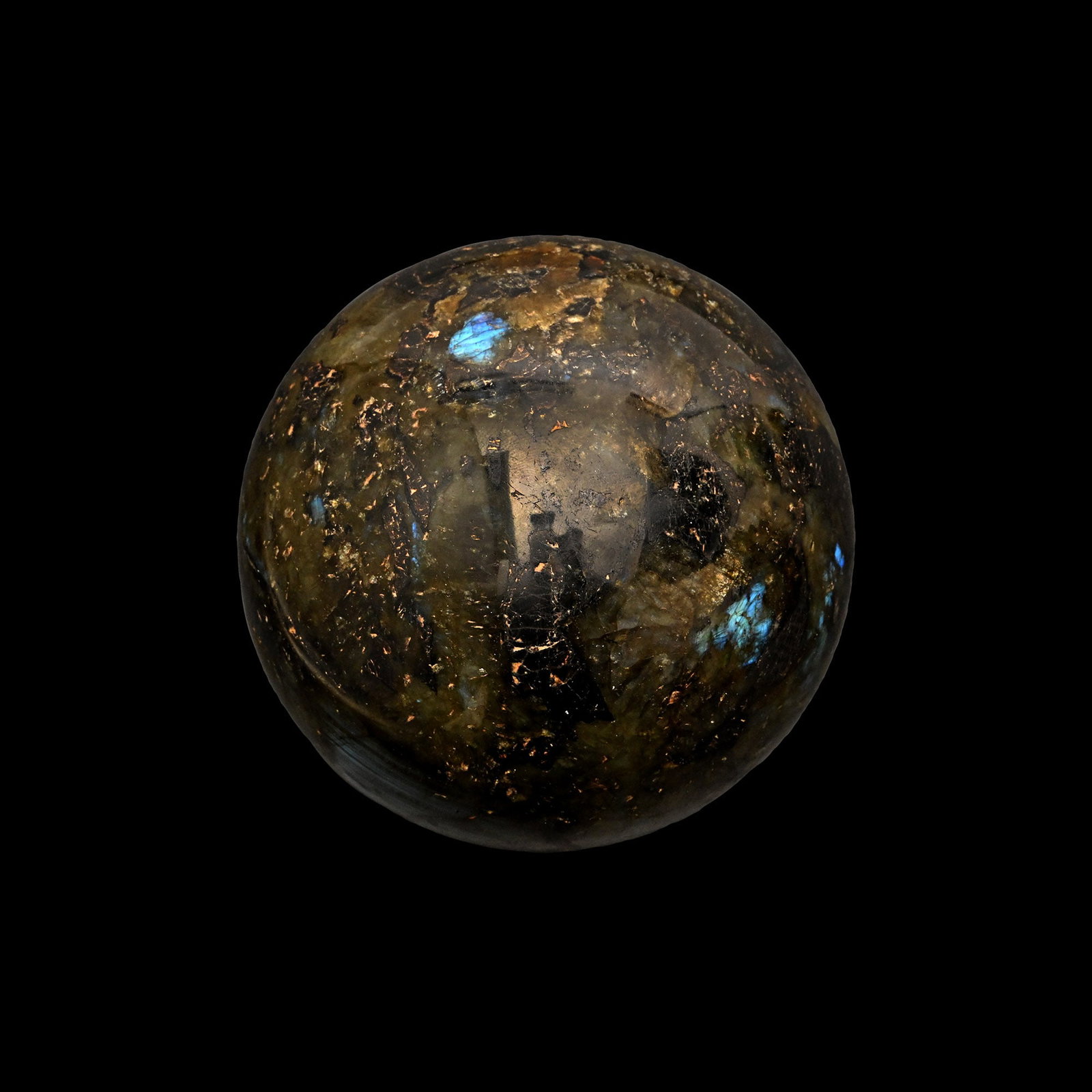 Polished Labradorite Sphere: Precambrian Period, Pan-African Orogeny, circa 600-500 million years B.P. A large, polished sphere of labradorite showing characteristic, mainly blue labradorescence. 2.04 kg, 10.5 cm (4 1/8 in.). Fro
