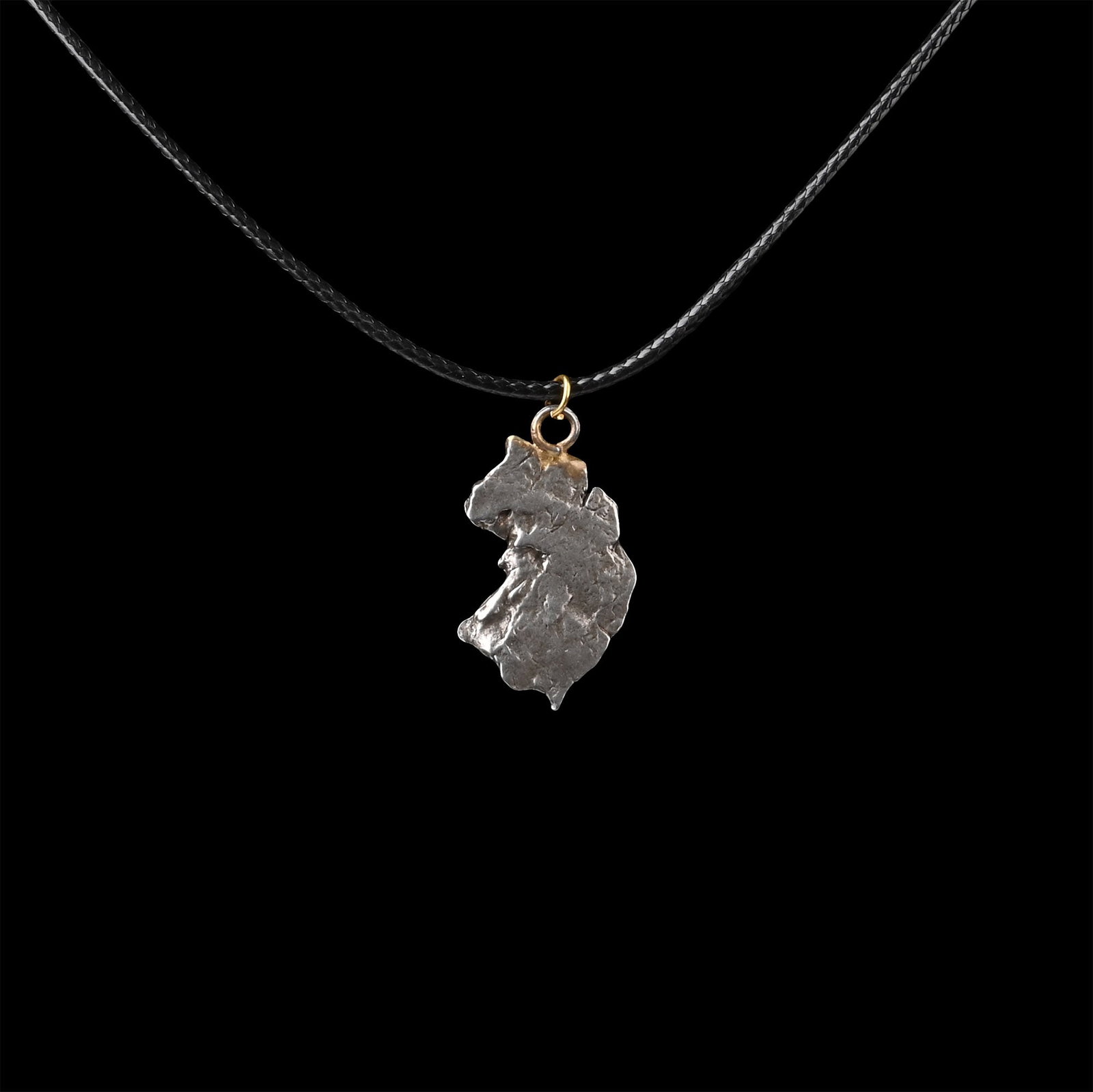 Campo del Cielo Meteorite Necklace: Fell 6000-5000 years B.P. A nickel-iron meteorite (IAB) with a suspension loop and cord for wearing. 6.21 grams, pendant: 28 mm (1 1/8 in.). [No Reserve] From a Cambridgeshire, UK, collection. A crate