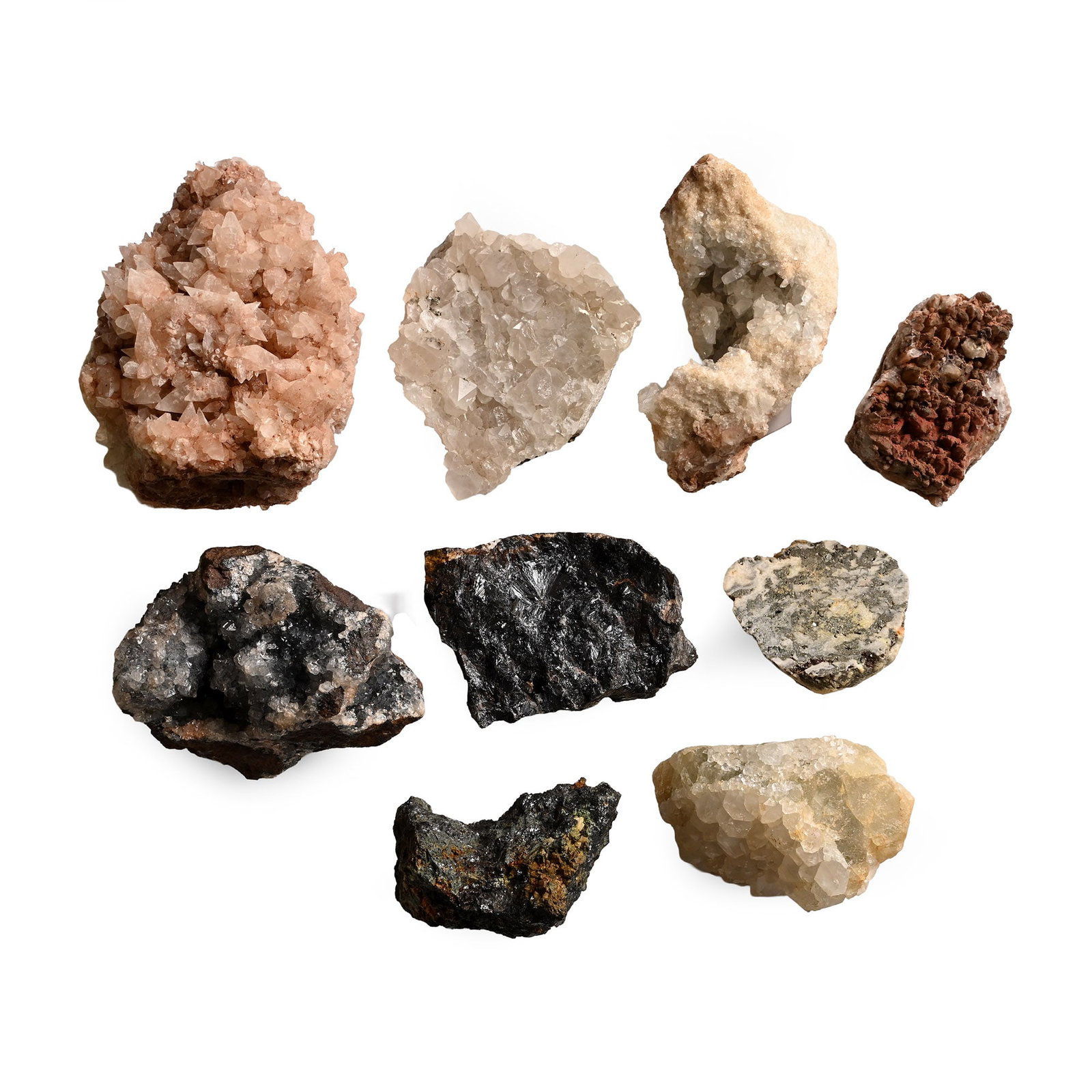 Mixed Cornwall and Somerset Crystal and Mineral Specimen Group: Comprising: calcite from Dulcote Quarry, Wells, Somerset; quartz from Wheal Wrey, St Ive, Cornwall; sphalerite and chalcopyrite from Great South Tolgus, Tarewaste, Cornwall; pyrite from Trevaunance Co