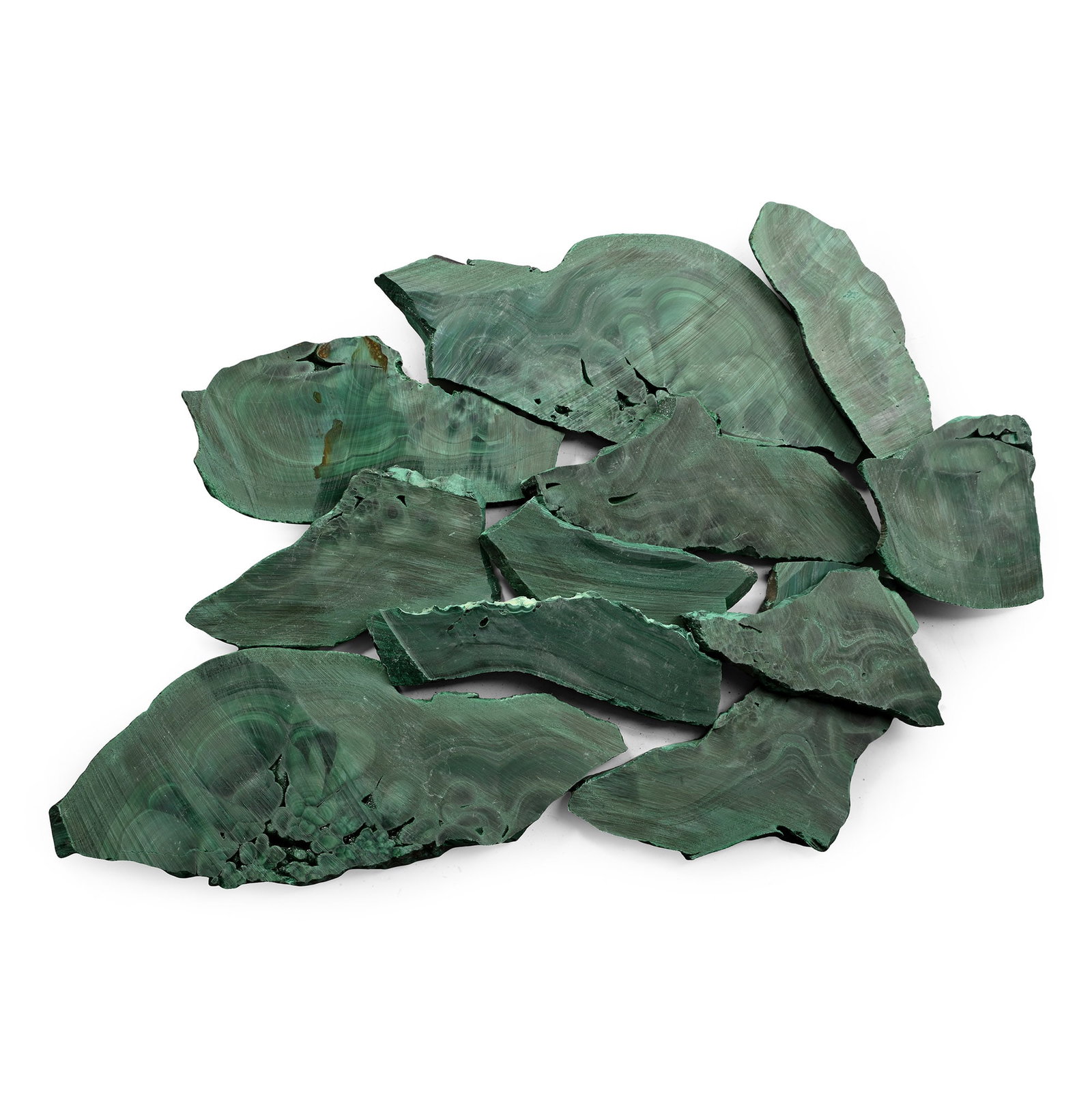 Group of Eleven [11] Cut Malachite Slices: Comprising eleven cut slices showing contrasting green banding. 845 grams total, 5.5-16.8 cm (2 1/8 - 6 5/8 in.). [11, No Reserve] From the Democratic Republic of the Congo. Ex Mineral Imports, London
