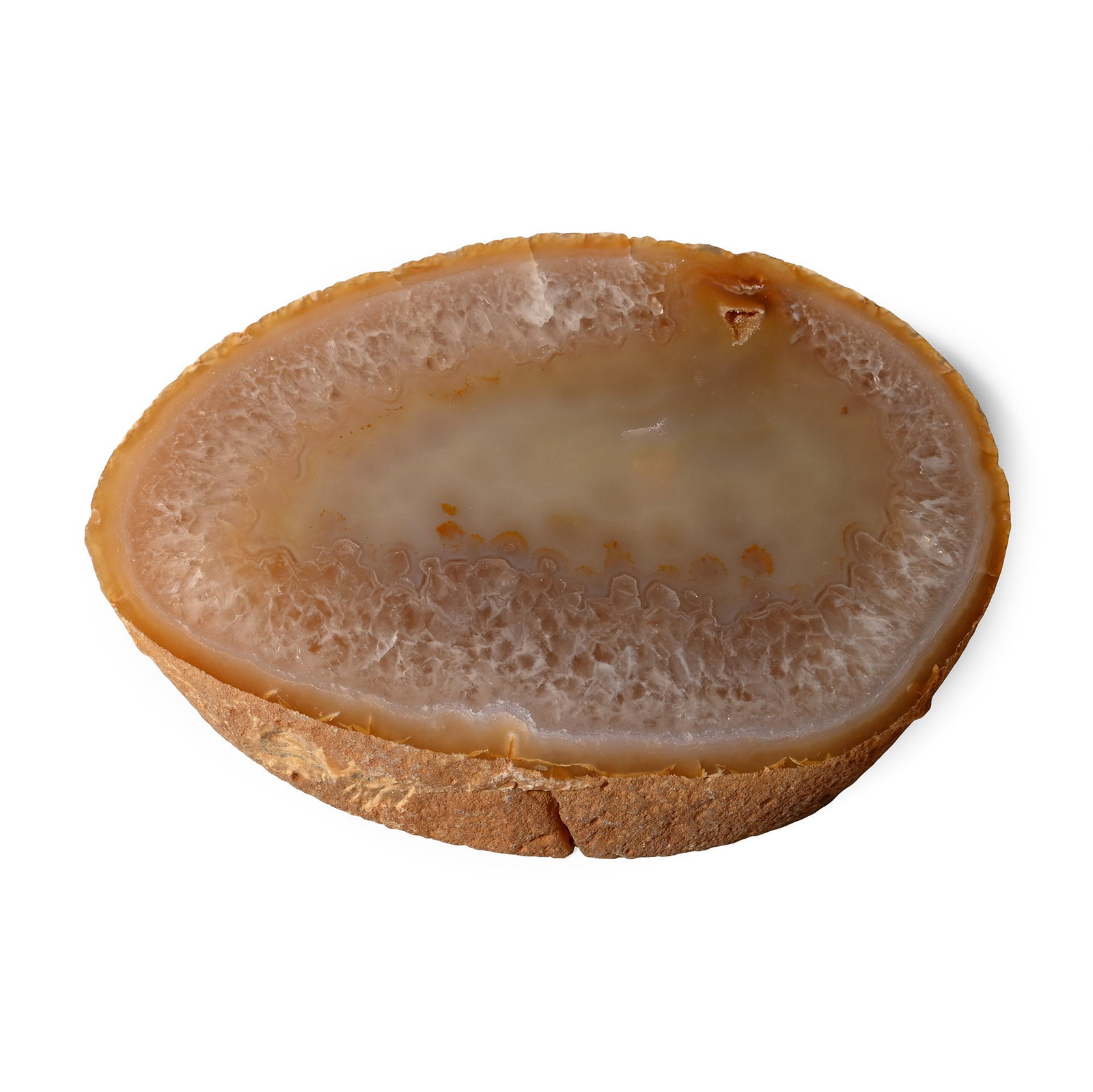 Large Cut and Polished Yellow Agate Crystal Geode Slice Artefact Base: Oval section of light brown agate geode showing some quartz crystal formations. 824 grams, 18.7 cm (7 3/8 in.). [No Reserve] From Brazil. Ex Mineral Imports, London, UK. Gregory, Bottley & Lloyd (Greg