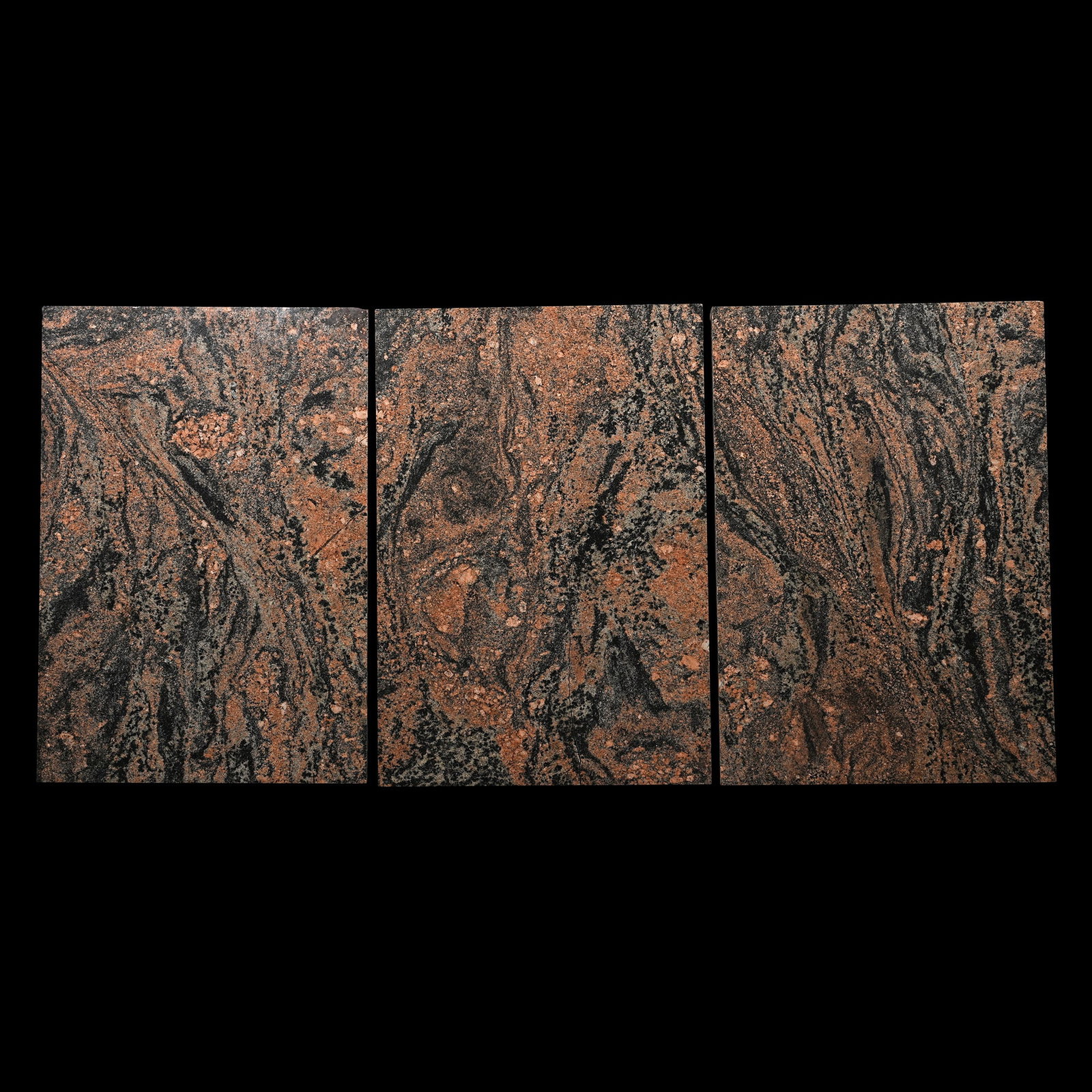 Morton Gneiss Plate Sections: Circa 3.5 billion years B.P. Comprising three rectangular sections of grey pink and black medium to coarse-grained biotite-quartz-plagioclase gneiss with polished upper face, each with wooden backing 