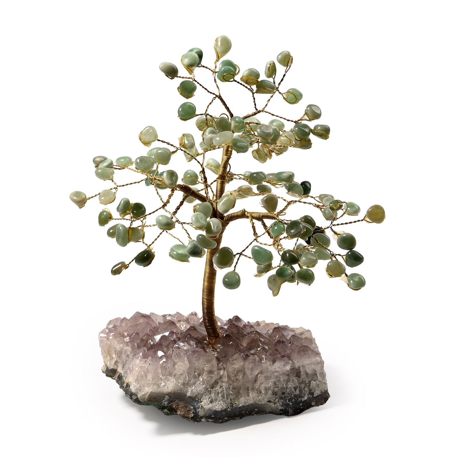 Aventurine Gem Tree on Amethyst Crystal Geode Section: Irregular geode matrix with purple amethyst crystals; the metal branches tipped with polished dark and light green aventurine quartz pebbles. 723 grams, 18 cm (7 in.). [No Reserve] From Brazil. Ex Min