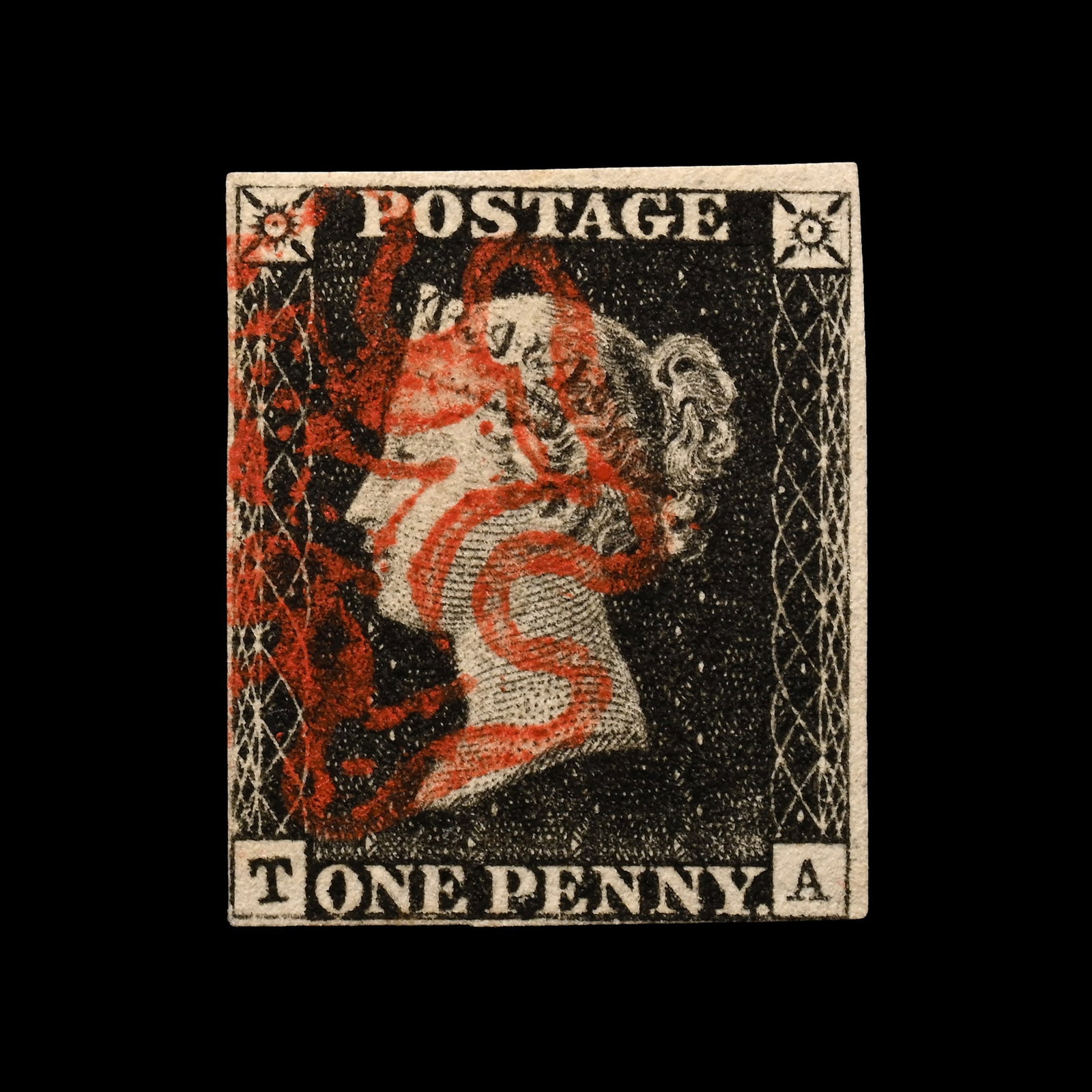 Victorian Penny Black with 'Stonehaven - Red Double Lined' Maltese Cross: 1840 A.D. Great Britain (GB), Queen Victoria (QV), 1d black, check letters TA, plate 1b, with scarce variety 'Red Double Lined' Maltese Cross cancellation stamp. SG 2uj. Cat. 4,500.00. 13 grams total,
