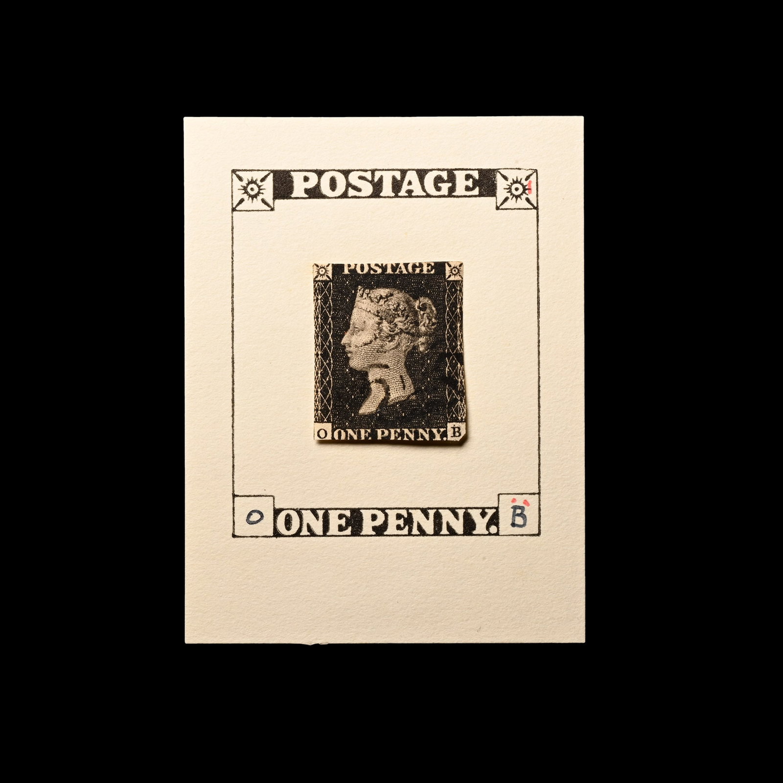 Victorian Penny Black Re-entry with Black Maltese Cross: 1840 A.D. Great Britain (GB), Queen Victoria (QV), 1d black, check letters OB, plate 1b re-entry, with 'Black Maltese Cross' cancellation stamp, with re-entry shown on card in red. SG 2f. Cat. ?450.00