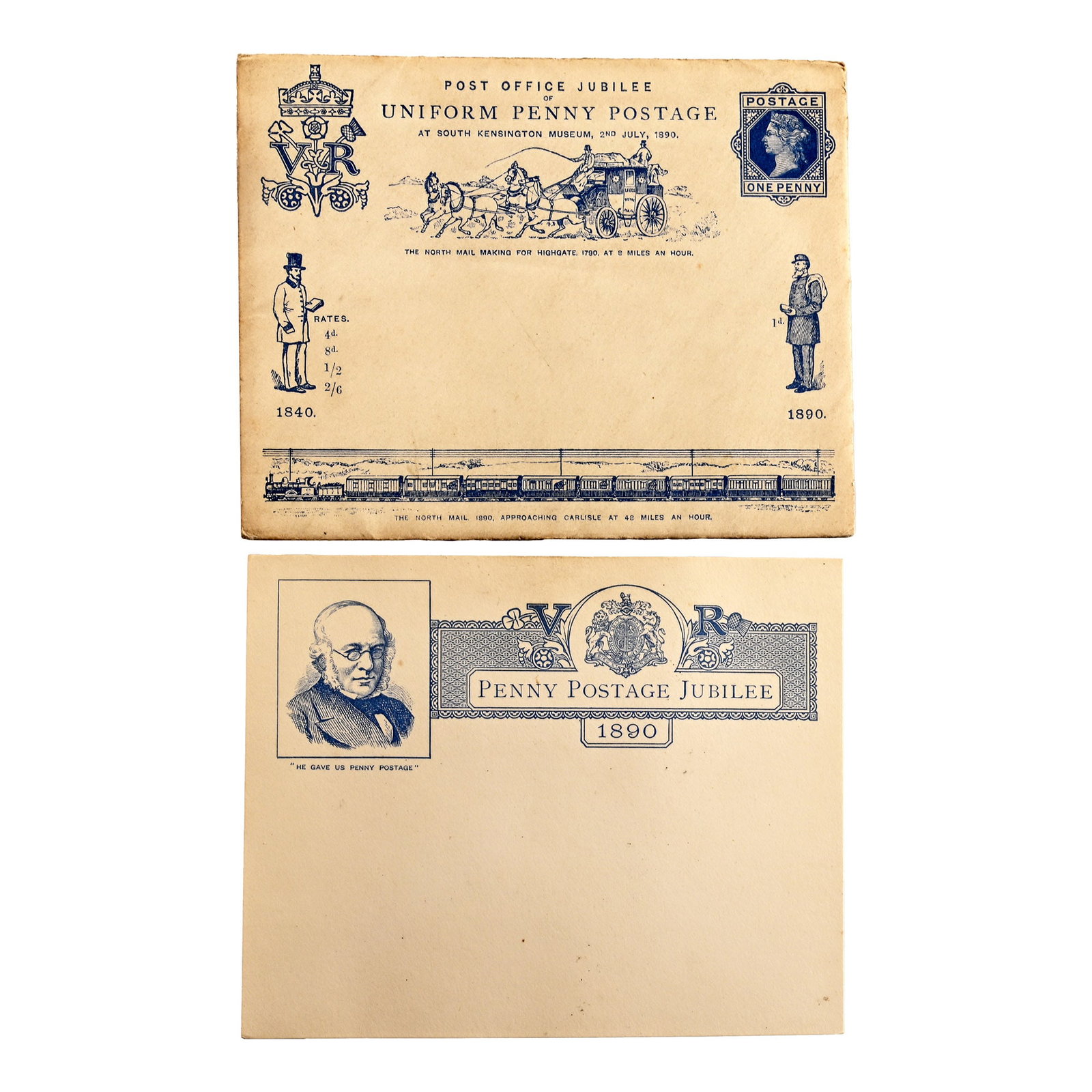 Post Office Victorian Jubilee of Uniform Penny Postage Commemorative Envelope and Card: 1890 A.D. Mint 1d envelope, printed in blue and including the original matching souvenir card, issued to celebrate the 50th anniversary of the introduction of the Penny Post (1840-1890) and was sold d