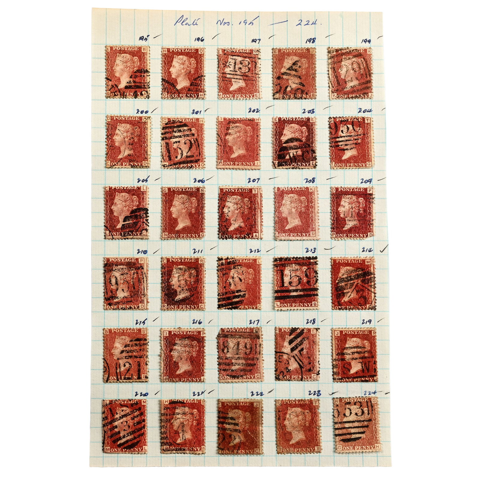 Victorian Penny Red Stamps with Plate Numbers 195 to 224: 1858-1864 A.D. Great Britain (GB), Queen Victoria (QV), 1d Red perf. used, watermark: large crown, perf.14, plate numbers 195 - 224 (excluding 224 which appears to be pl.191), with many nice examples.